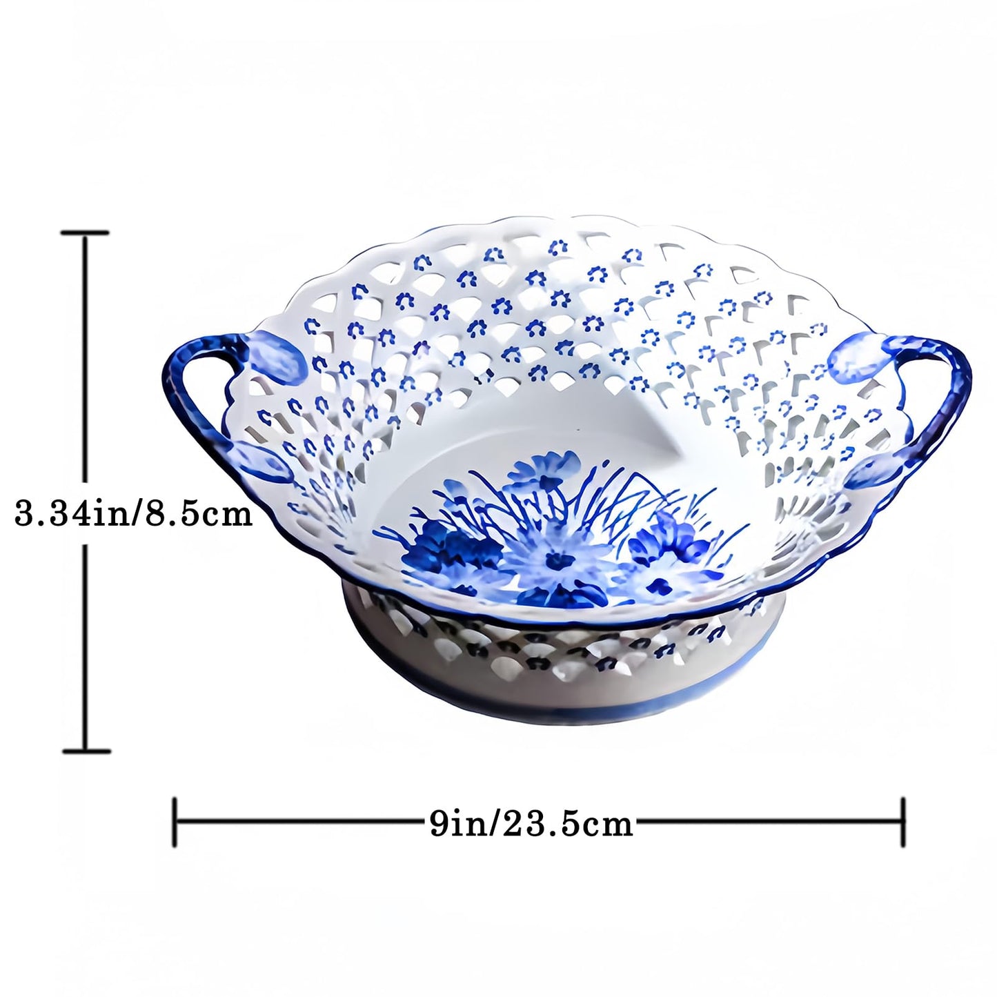 YYMayLsh Blue and White Ceramic Fruit Bowl with handle, Porcelain Decoration Bowl, Fruit Serving Plate, Storage Bowl, Decorative for Kitchen Counter, Home Decor