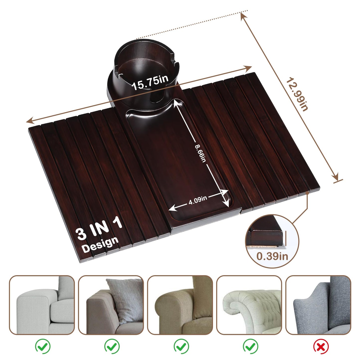 Couch Cup Holder for Armrests Over 4.9" Wide, Bamboo Couch Arm Tray with 360° Rotating Phone Stand, 3 in 1 Foldable Sofa Arm Tray Table for Remote, Snacks, Phone, Drinks Walnut