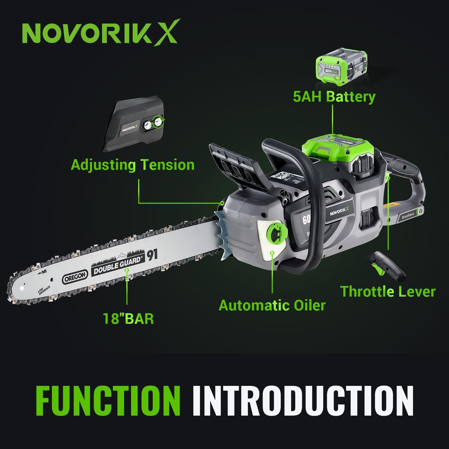 NovorikX 60V Brushless Cordless Chainsaw, 18"&16" Electric Chain Saw with 5.0Ah Battery & Charger, Automatic Oiler, Tool-Free Tension for Tree Trimming & Wood Cutting