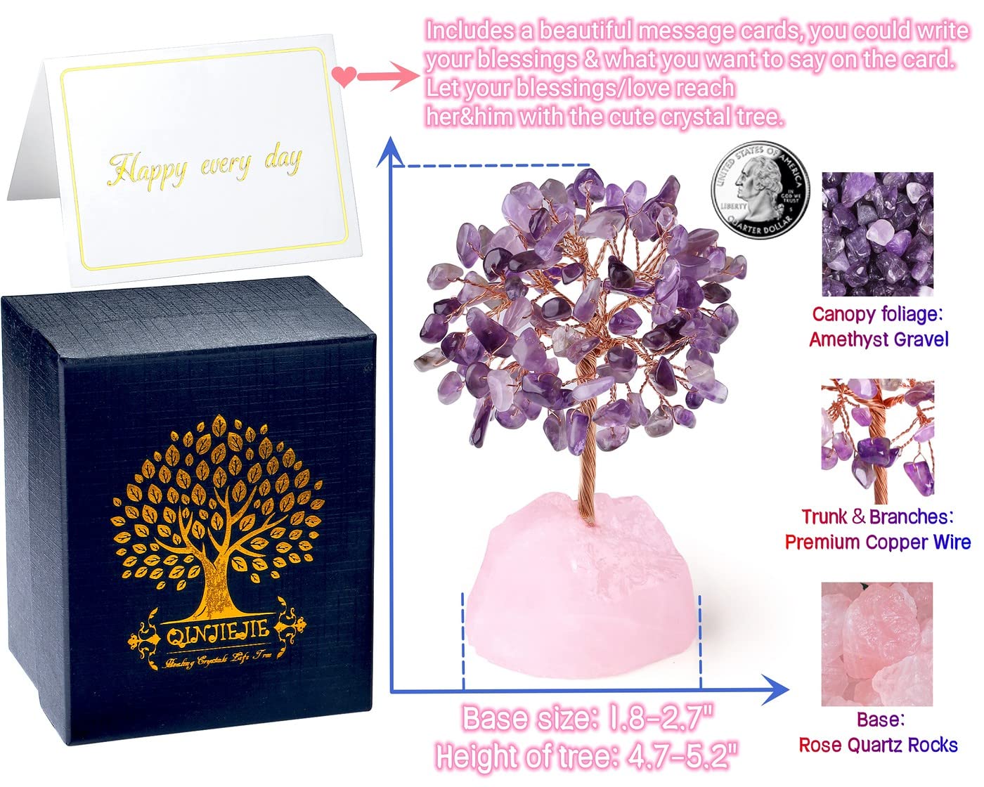 QINJIEJIE Crystal Tree Healing Crystals Amethyst, Purple Gravel Gemstone, Rose Quartz Pink Base, Copper Wire Life Stones Artificial Energy Desk Decor, Spiritual Meditation Gifts