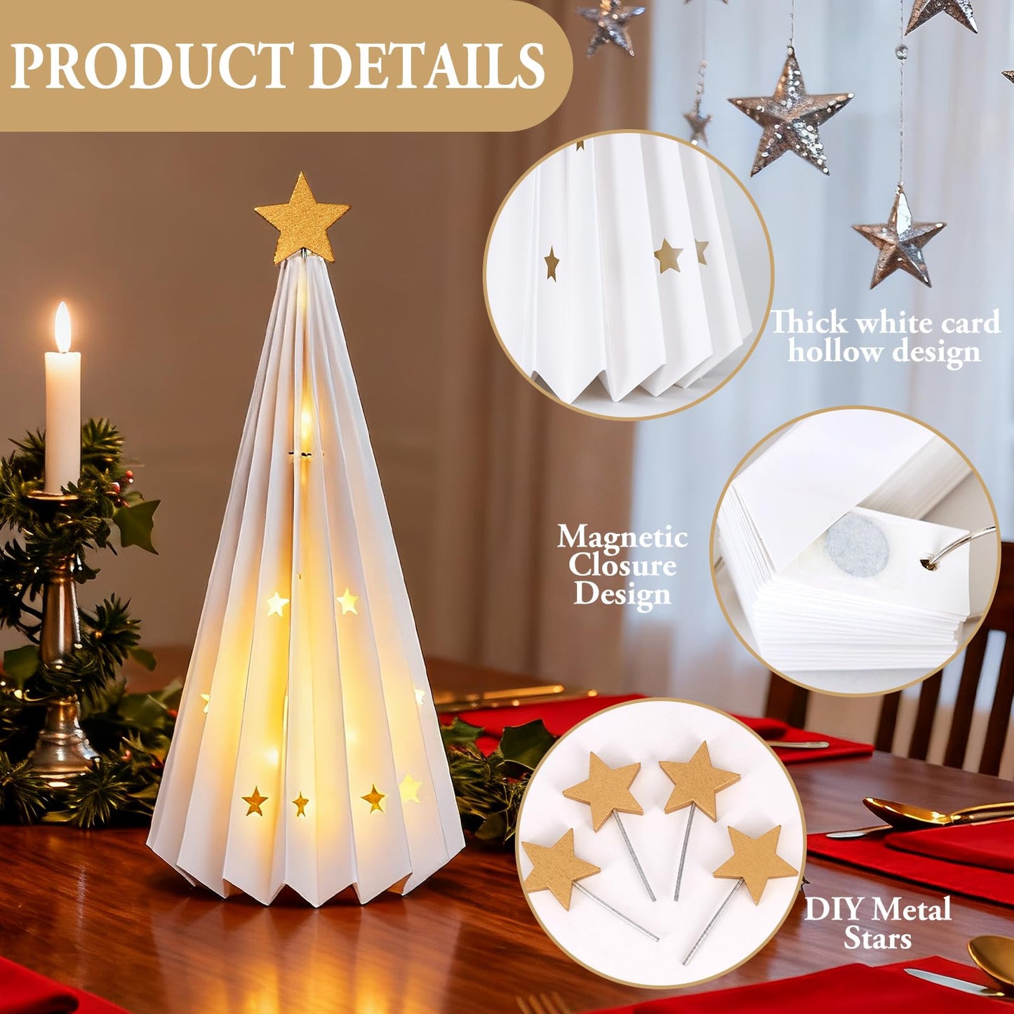 OBBOLO 4 Pcs White Paper Christmas Trees, Holiday Centerpiece Decorations with Star Designs, Foldable Tabletop Décor for Xmas Party & Winter Home Styling