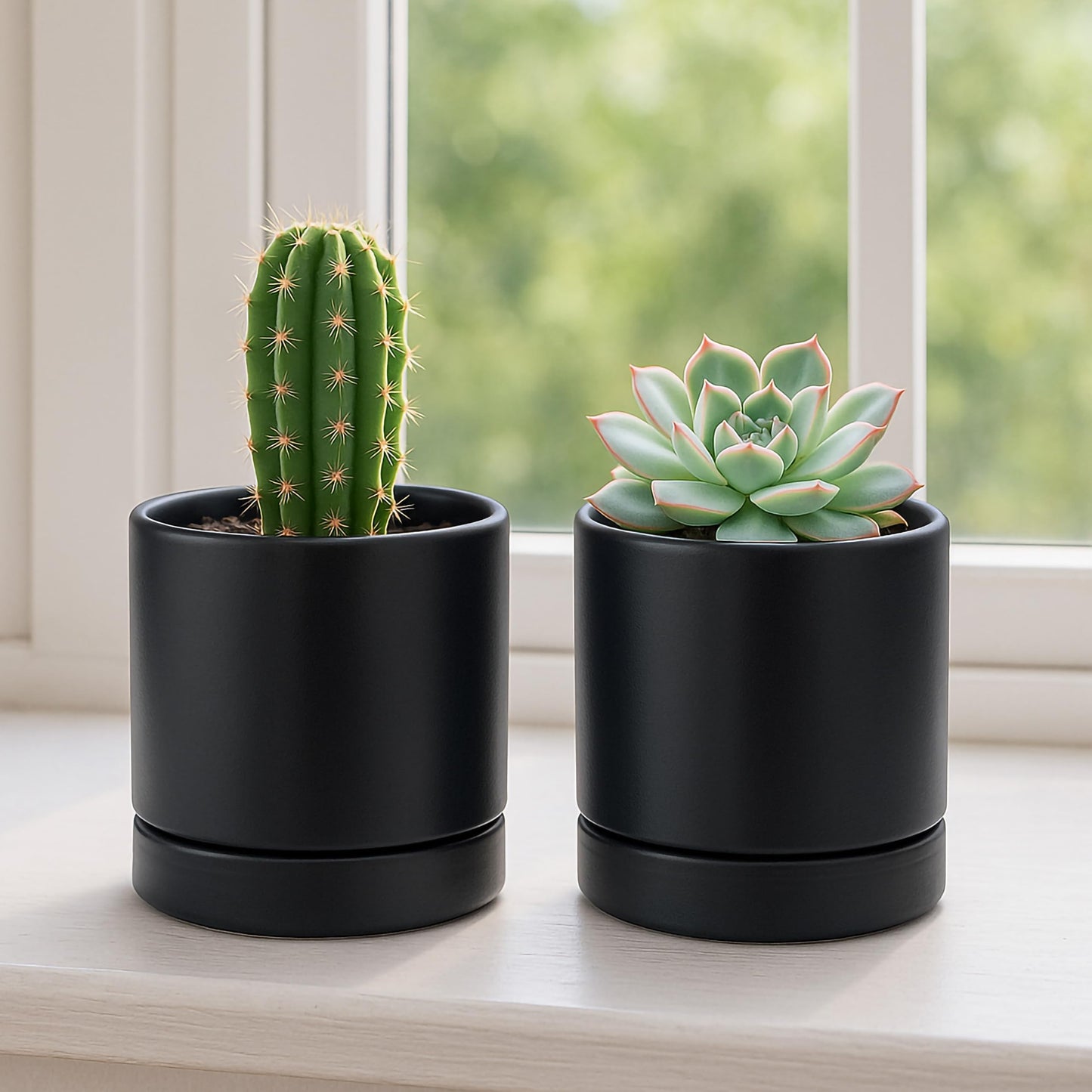 D'vine Dev 4.7 Inch Ceramic Planter Pot with Drainage Hole and Saucer, Indoor Cylinder Round Planter Pot, Black, 94-O-B-2