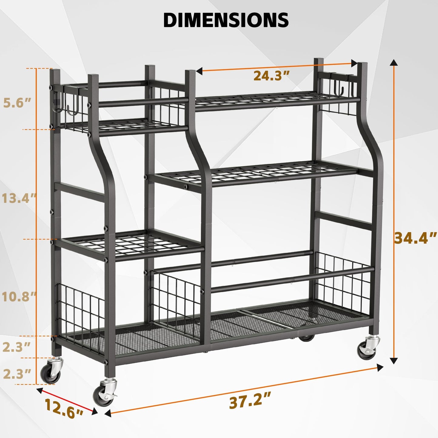 Garden Tool Organizer with Wheels for Garage and Shed, Spacious Tool Storage, Multi-Tier Design with Side Hooks for Rakes, Shovels, Brooms, and Yard Tools Rolling Cart