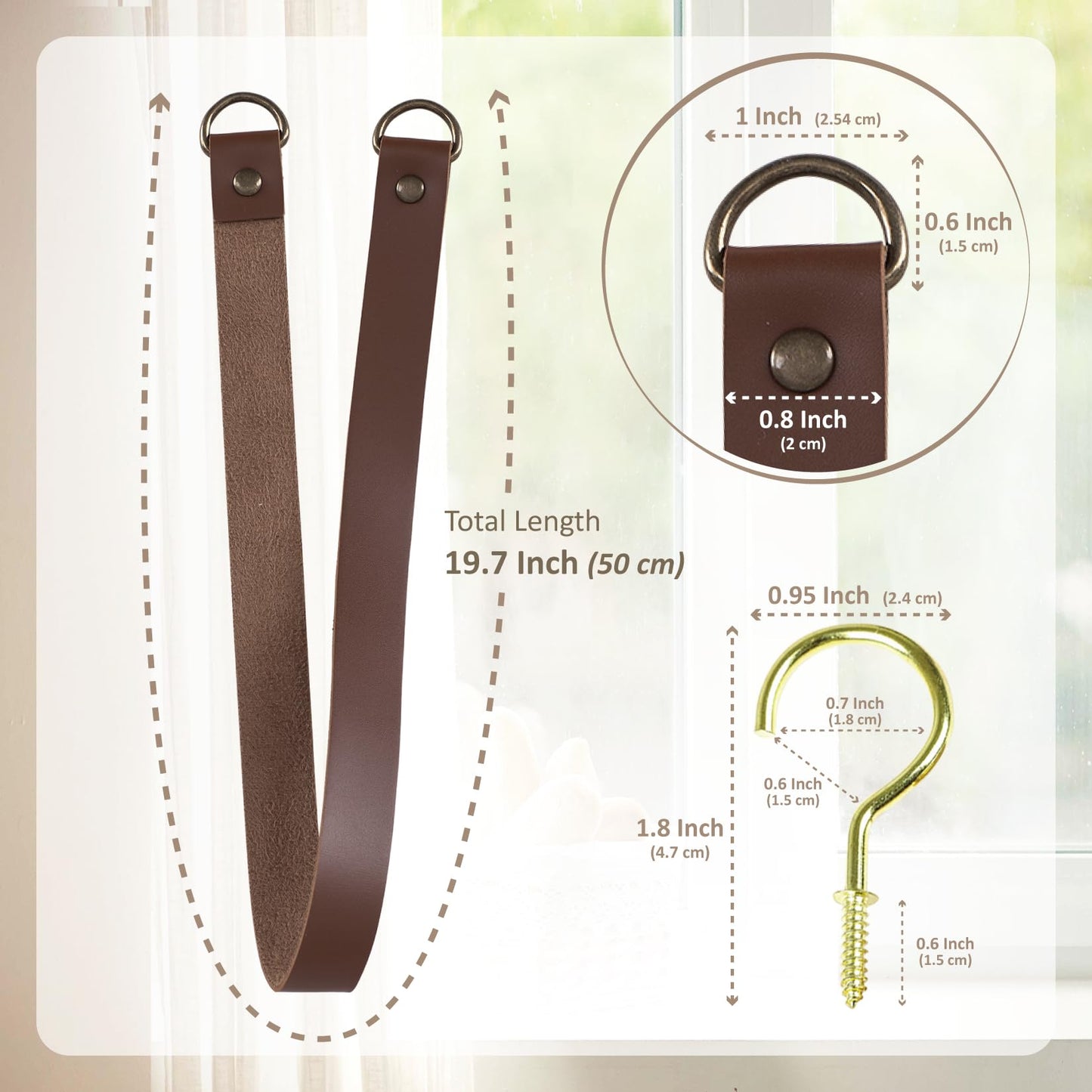 Home Queen Leather Curtain Tie Backs Attach to Wall, Outdoor Drape Holder Holdbacks Tiebacks with Hooks, Set of 2, Chocolate