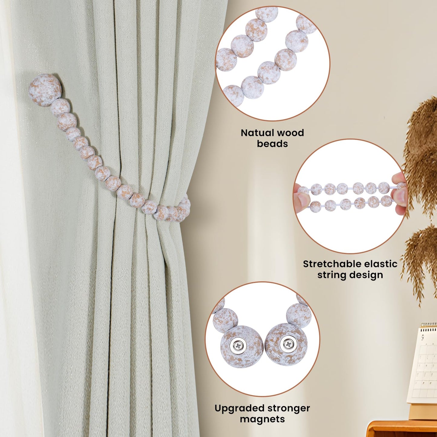 KLOGTSIND Magnetic Curtain Tiebacks, Curtain Tie Backs for Curtains 2 Pack, Wood Bead Curtain Tiebacks, Curtain Holders for Boho Bedroom Decor, Baby Nursery Decor, Farmhouse Decor