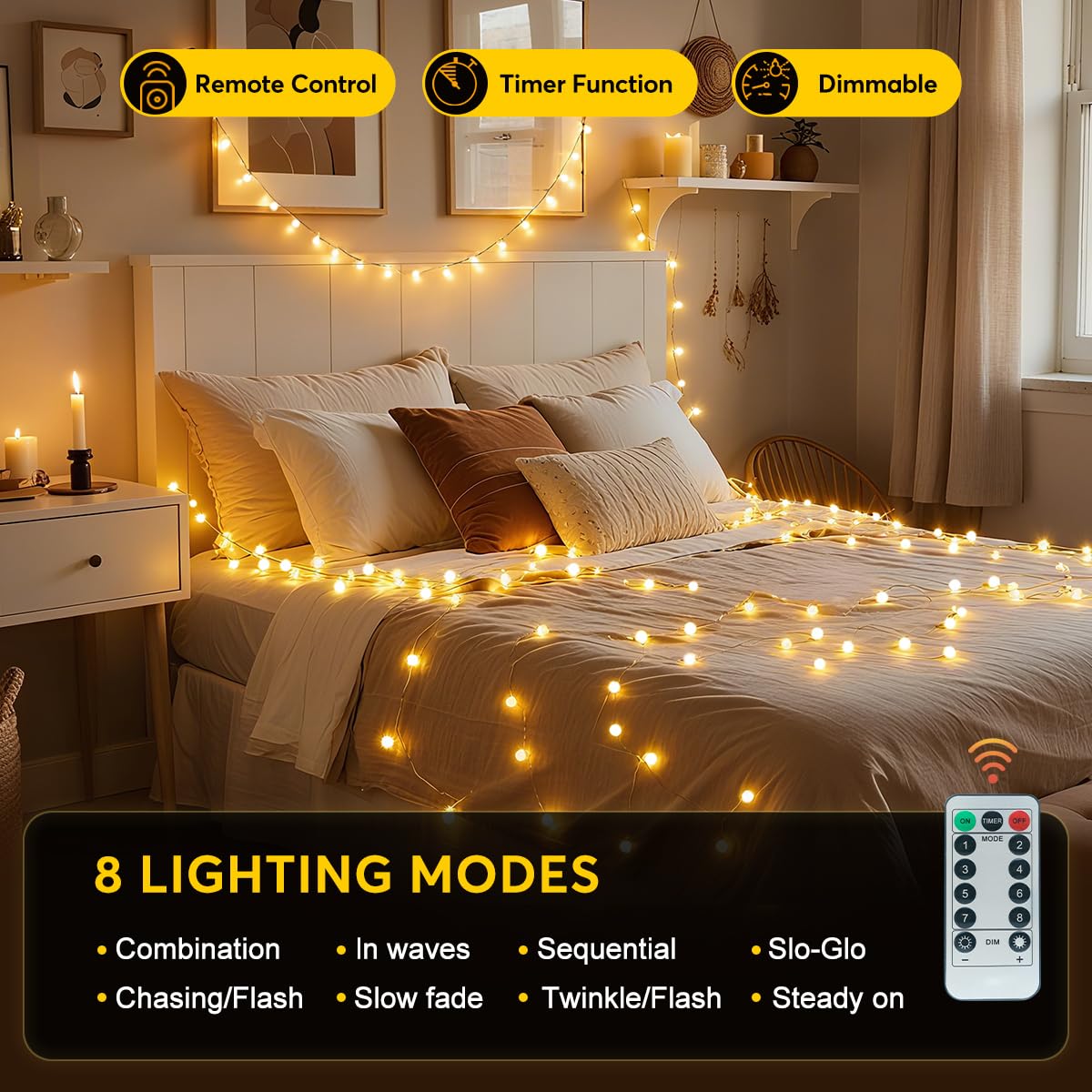 RaThun 49.2ft Globe String Lights with 16ft Extended Lead & Stable Remote - 100 LED Warm White, 8 Distinct Modes, IP44 Waterproof, UL Certified, Linkable for Indoor Outdoor Wedding Party Decor