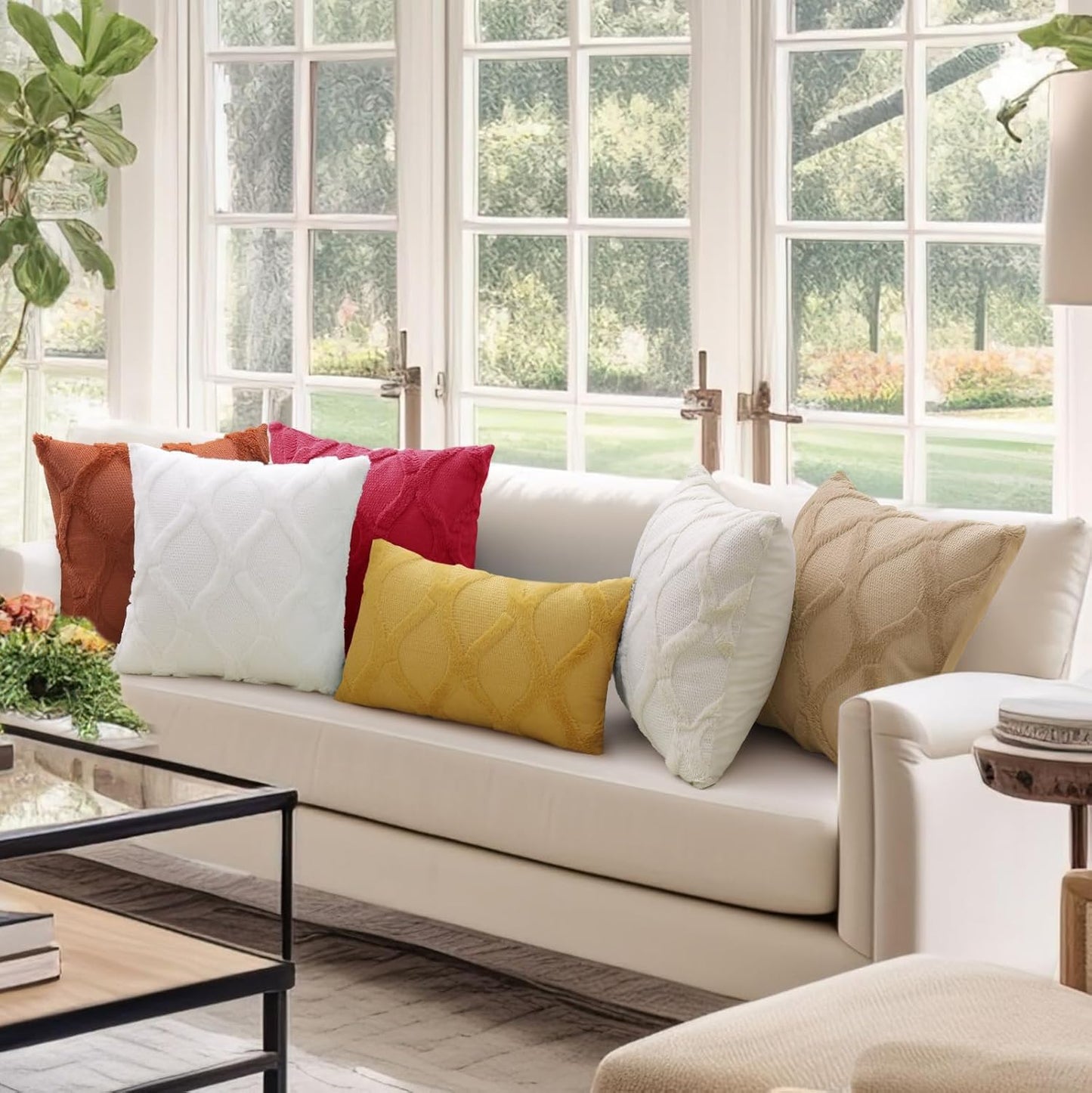 decorUhome Summer Throw Pillow Covers 18x18 Inch Set of 2, Soft Plush Faux Fur Wool Cream White Accent Couch Pillow Covers for Modern Farmhouse Bed Sofa Living Room