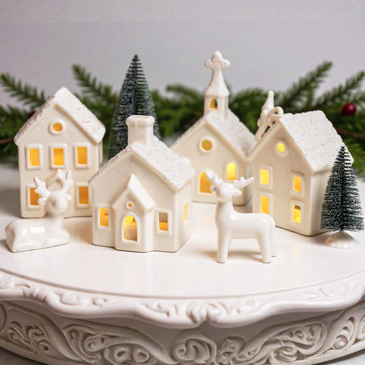 Christmas Decorations Indoor - 9 Piece Christmas Village Sets with 4 Remote Control Lighted Ceramic Houses, 2 Trees, 2 Deer & Santa - Neutral White Farmhouse Holiday Decor for Home Table Room(White)