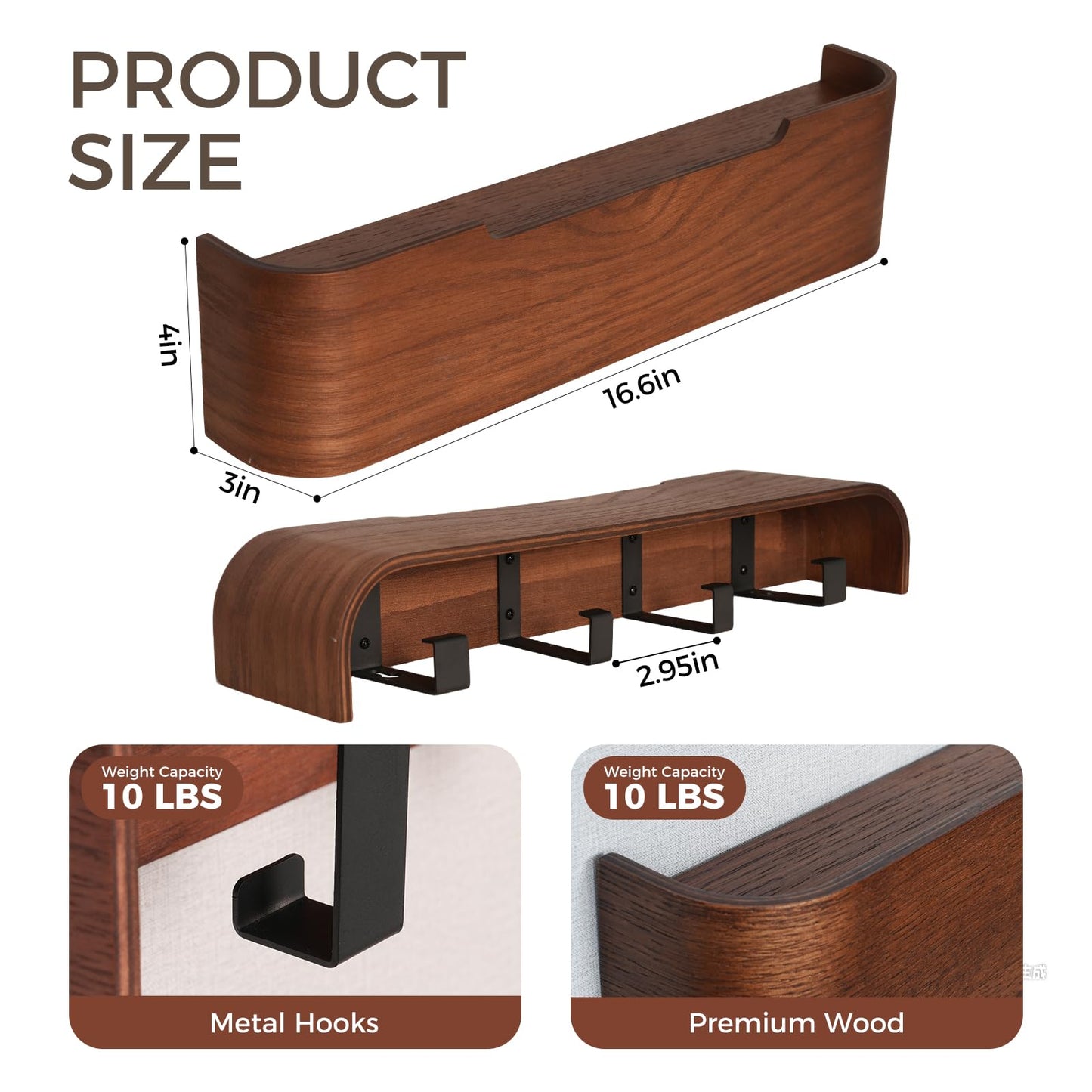 Coat Rack Wall Mount with Shelf Entryway Shelf Modern Key Holder Hanger Wall Shelves with Hidden Hooks for Hanging Towels Coats Hats Bags for Hallway Bathroom Bedroom(Walnut Color, 4 Hooks)