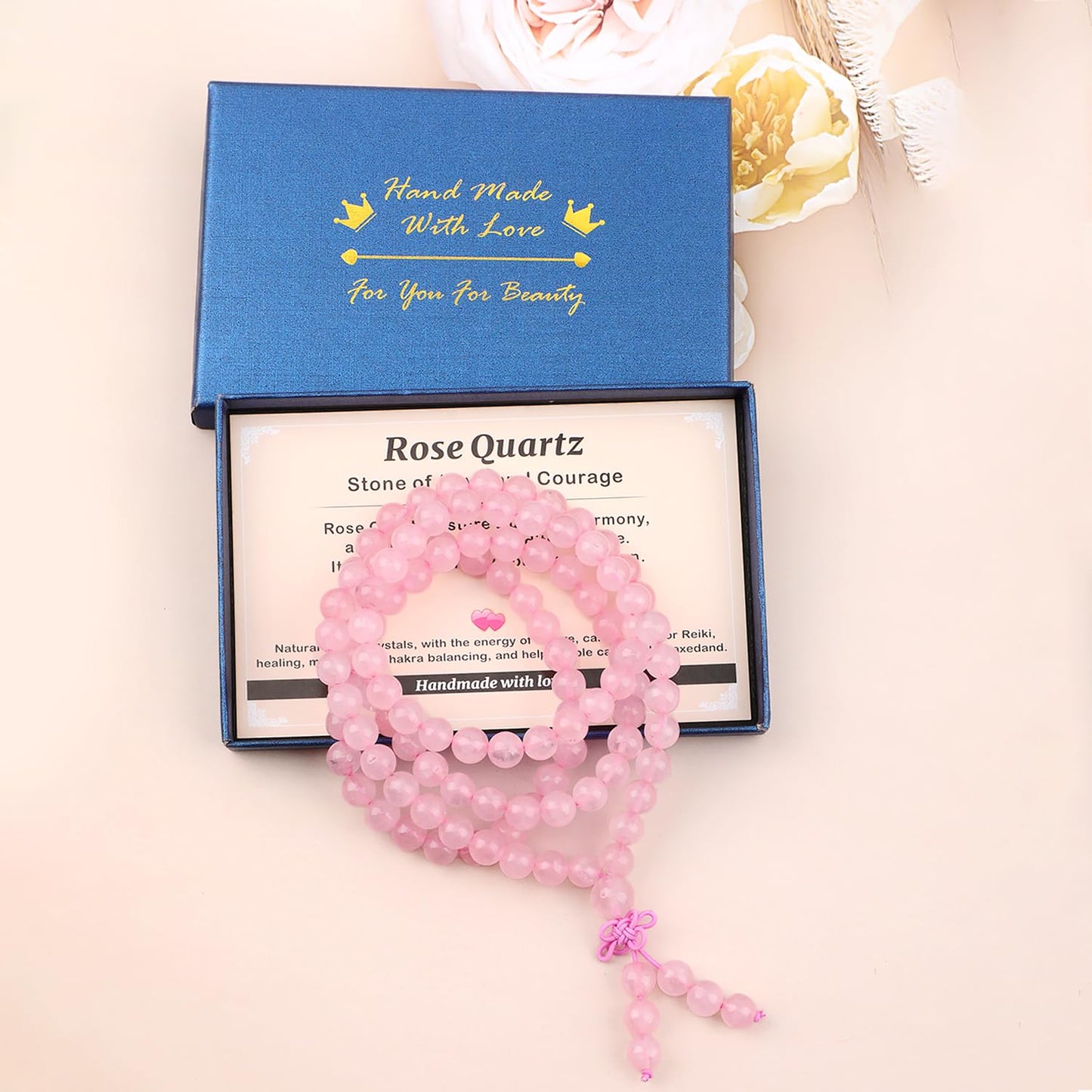 AD Beads 8mm 108 Prayer Mala Rose Quartz Elastic Bracelet - Love and Courage - Handmade Yoga Meditation Healing Power Energy Gifts for Unisex Adult.