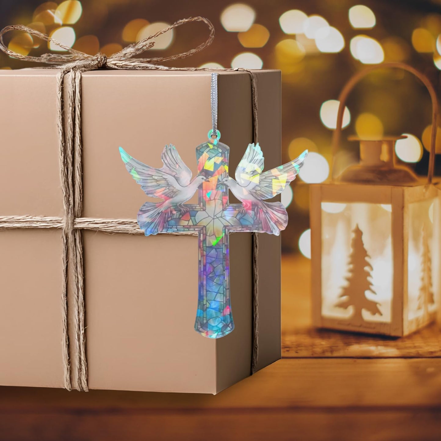 Christian Gifts for Women - Memorial Gifts - Cross Decor – Hologram Acrylic Suncatcher Hanging Decoration – Shimmering Cross with Doves for Window, Christmas Tree, Religious Gifts, Gifts for Mom Girl