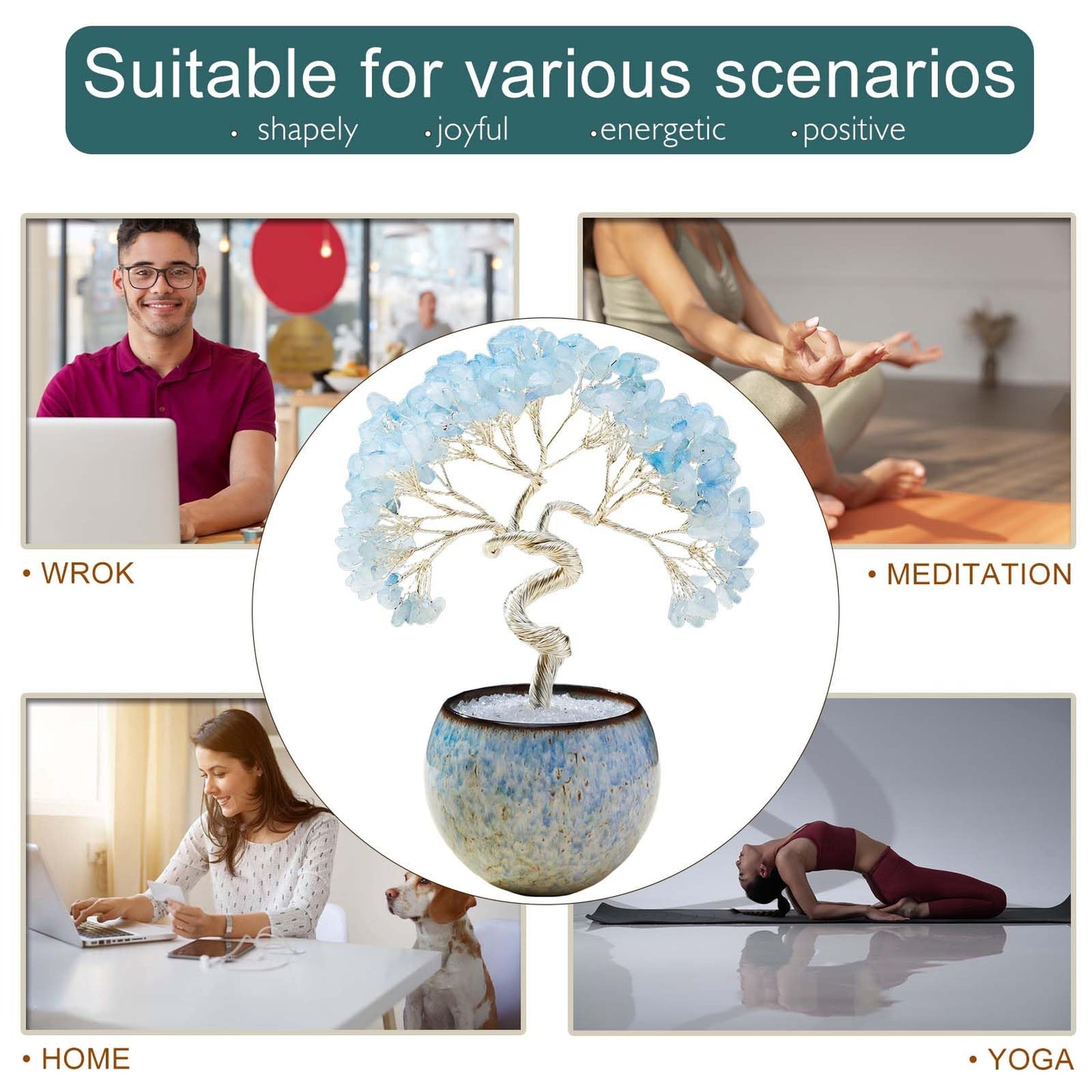 Runyangshi Aquamarine Crystal Tree of Life - 7in Chakra Crystal Money Tree with 297 Natural Healing Crystal Gemstone for Feng Shui, Luck, Balancing Energy Home Decor & Spiritual Gift