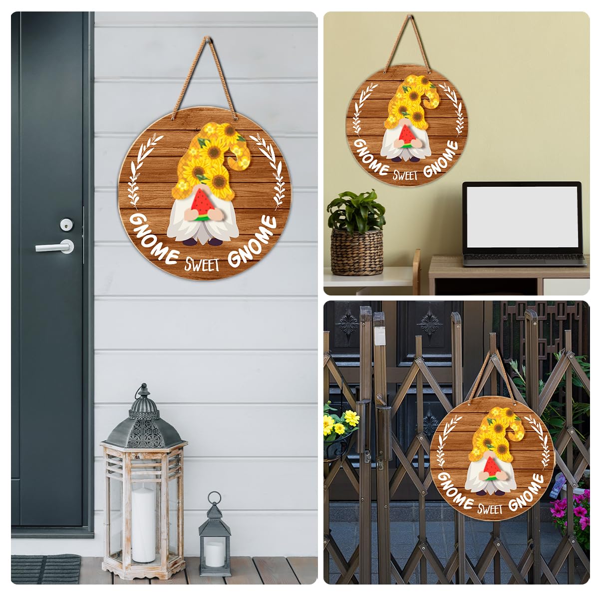 Interchangeable Gnome Welcome Sign Summer Patriotic 4th of July Door Decoration, Changeable Seasonal Front Porch Decor Wood Wreath Gnome Gifts for Spring Fall Winter All Seasons Holiday, Light Brown