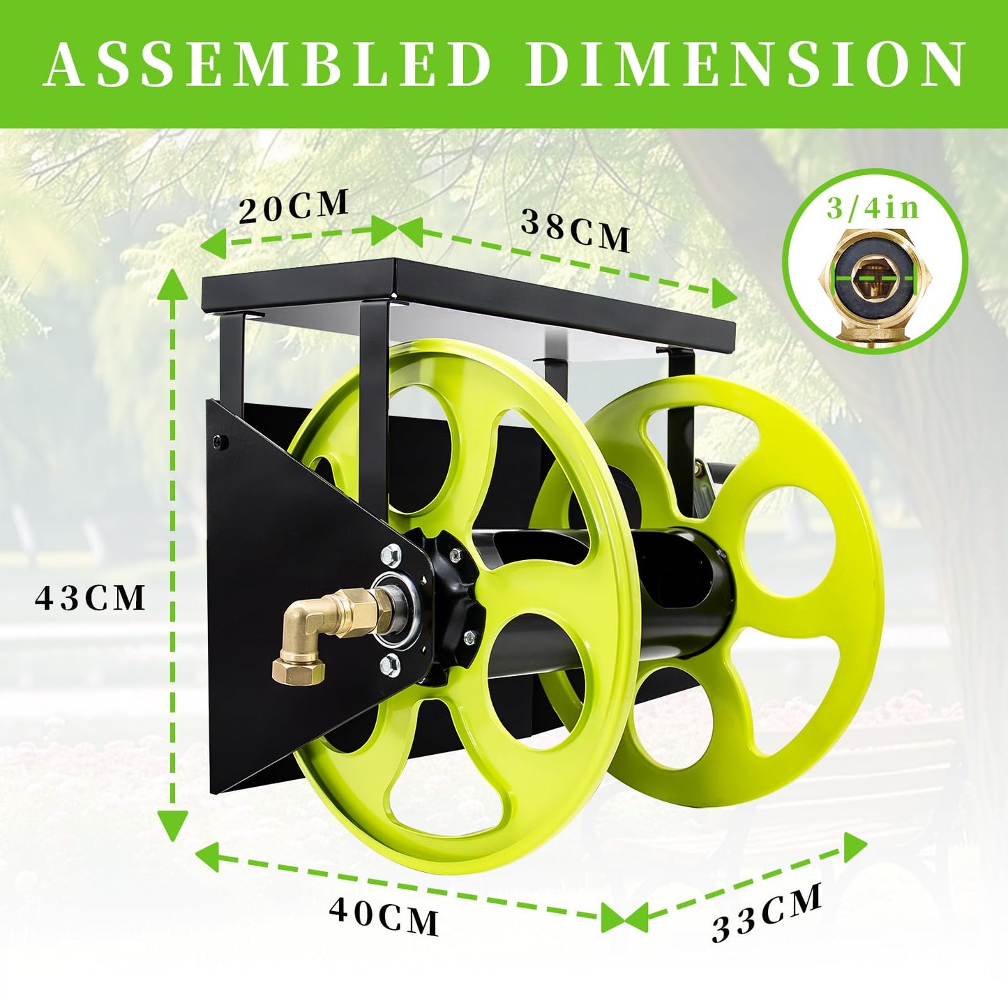 Stainless Steel Garden Hose Reel for 5/8" Hose Reel with Crank Handle Retractable ，Wall Mount Metal Hose Reel 3/4 in Brass Fitting ， Holds up to 120-FtHose with Storage Rack (Hose not included）
