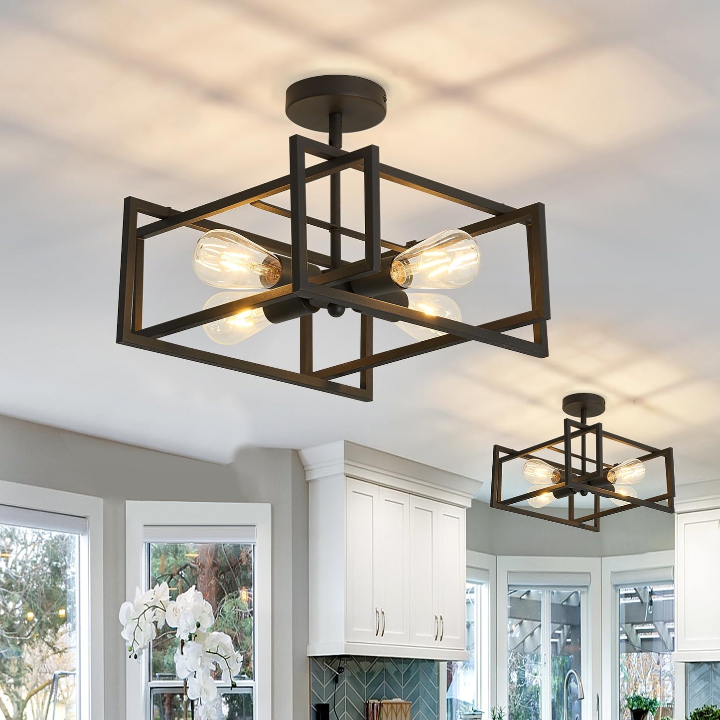 SZXYKEJI 2-Pack Close to Ceiling Light Modern Black Flush Mount Ceiling Light Fixture 18.89 Inch E26 Base Chandelier Lighting for Farmhouse Kitchen Island Dining Room Bedroom Foyer Entry