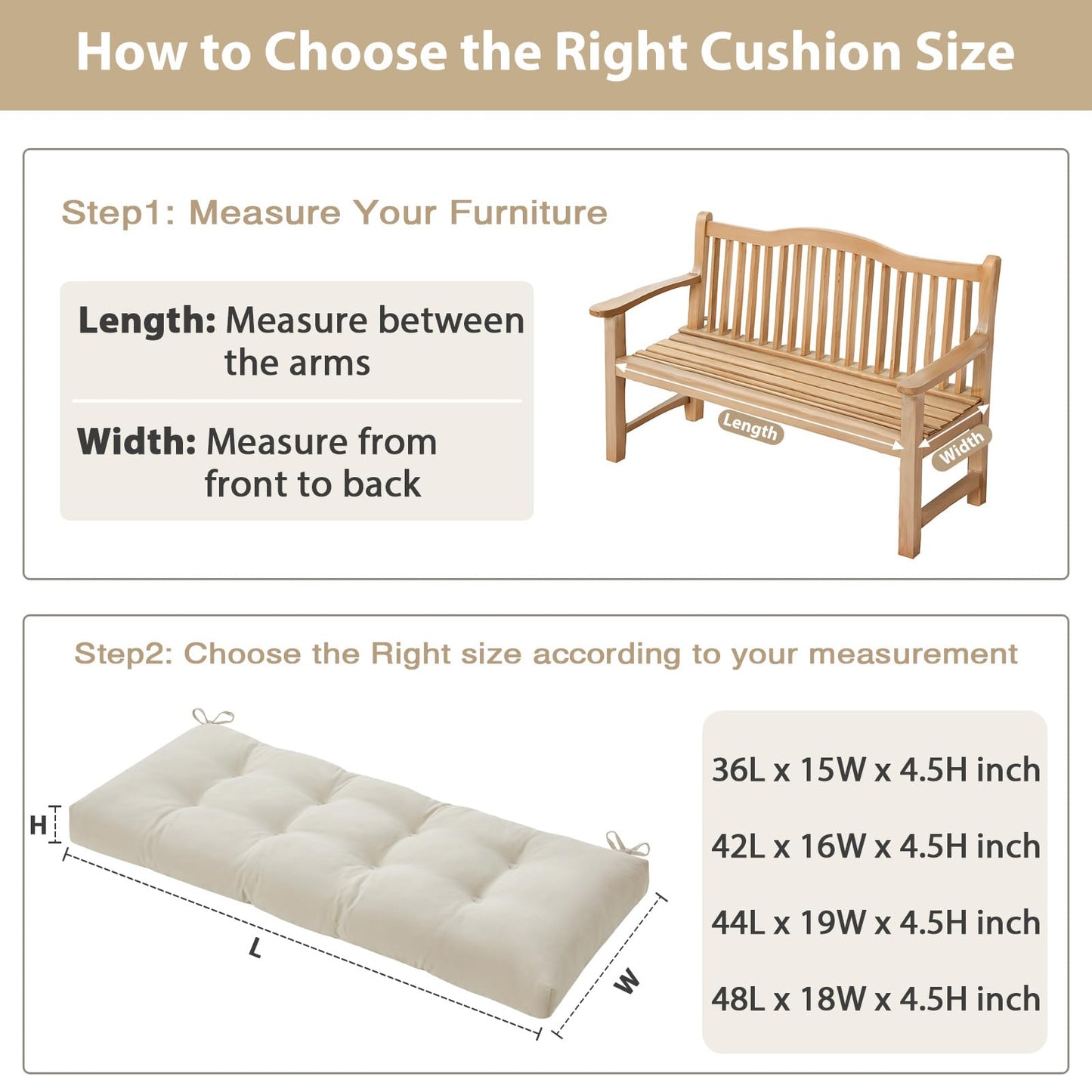 WEOAVRY 42 Inch Bench Cushions for Indoor Furniture, Super Soft Rectangle Bench seat Cushion Pad with Non-Slip Bottom, Waterproof Bench Pad for Window Porch(Beige, 42x16x4.5 Inch)