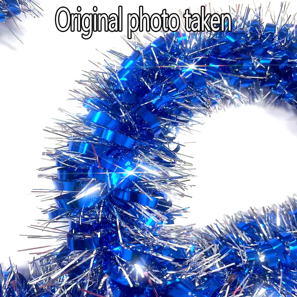 33Ft Long Blue Tinsel Twist Garland Shiny Thick Metallic Foil Xmas Tree Decorations for Birthday Party Christmas New Year Parties Parade Floats and Other Holidays Hanging Decor-(Blue+Silver)