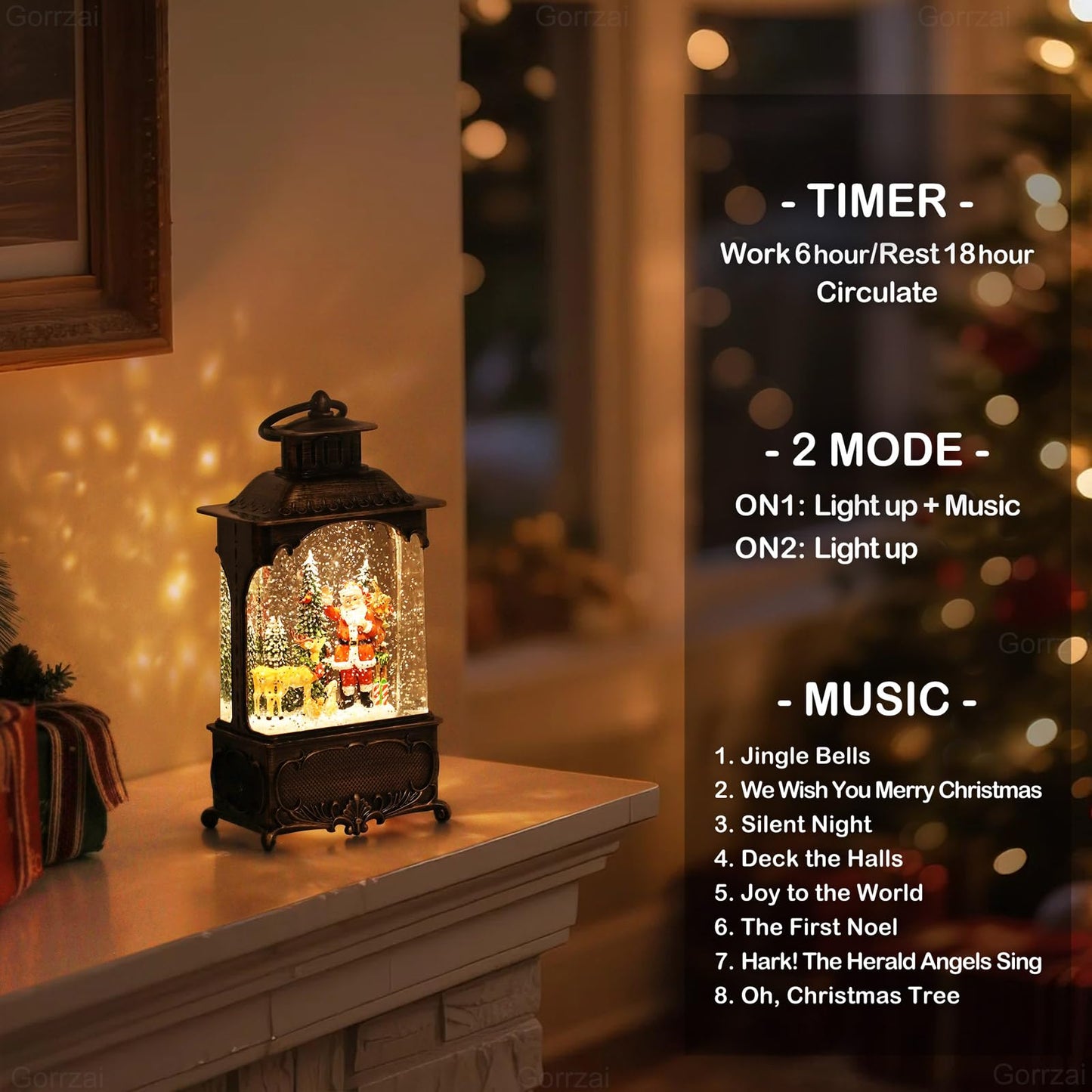 Gorrzai Santa Snow Globe Lantern Christmas Snow Globes, Lighted Christmas Decorations Indoor with Music Timer Swirling Glitter, Musical Santa Claus Reindeer Home Decor, USB or Battery Operated