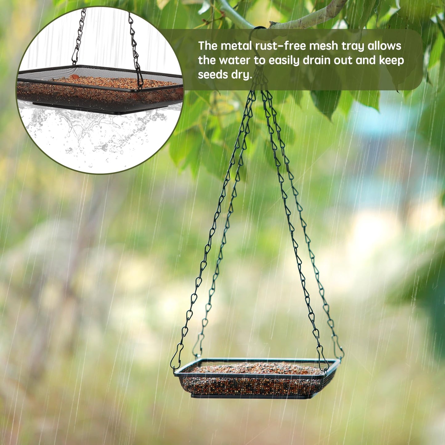 MIXXIDEA Hanging Bird Feeder Tray Metal Mesh Platform Seed Feeder with Durable Chains for Outdoors Garden Great for Attracting Birds (2 Pack)