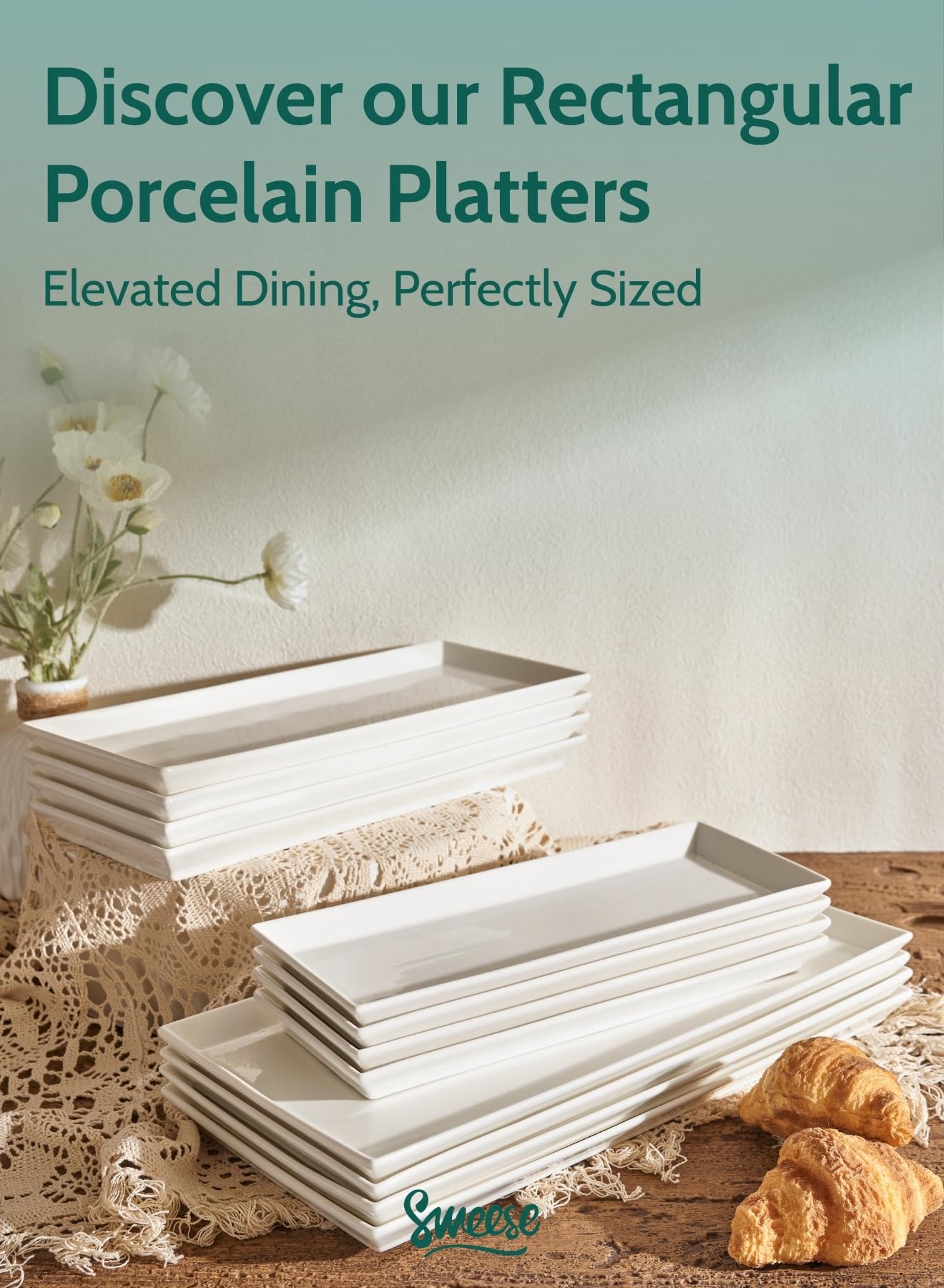 Sweese White Serving Platters, Porcelain Serving Trays for Parties, Large Rectangular Plates - 15.5 Inch, Set of 4