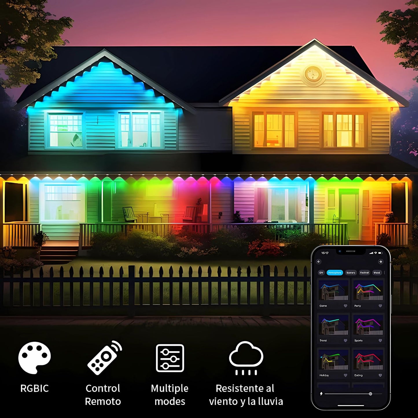 LLdshun Permanent Outdoor Lights, 50FT RGB LED Smart Eaves Lights with 30 LEDs, IP67 Waterproof, Remote/APP Control, DIY Scene Modes, Music Sync Lighting for Party, House, All Holiday Decorations