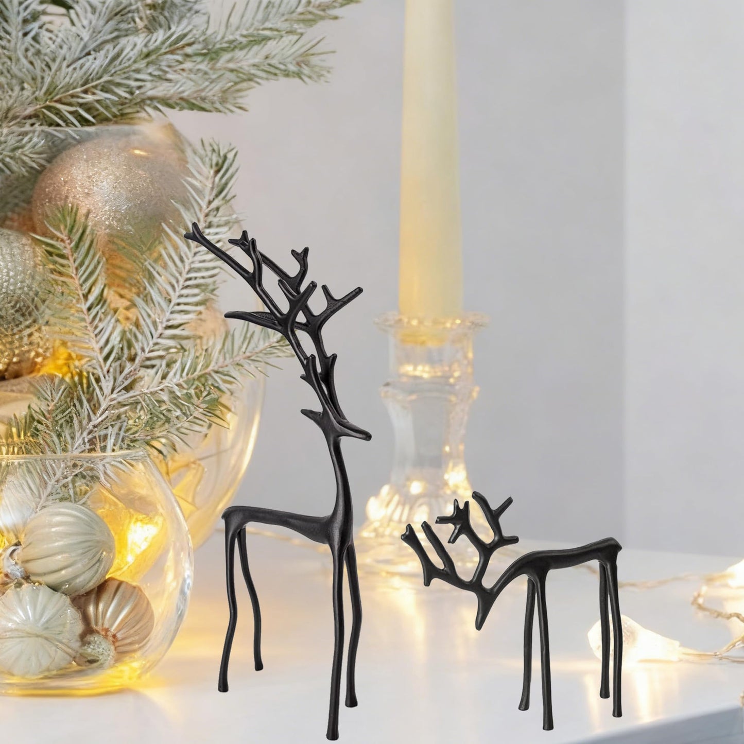JumkontSet of 2 Modern Reindeer Statues - Black Metal Reindeer Statues - Style Modern Reindeers Tabletop Decoration - Ornaments for Mantel Fireplace Living Room Bedroom Home Decor