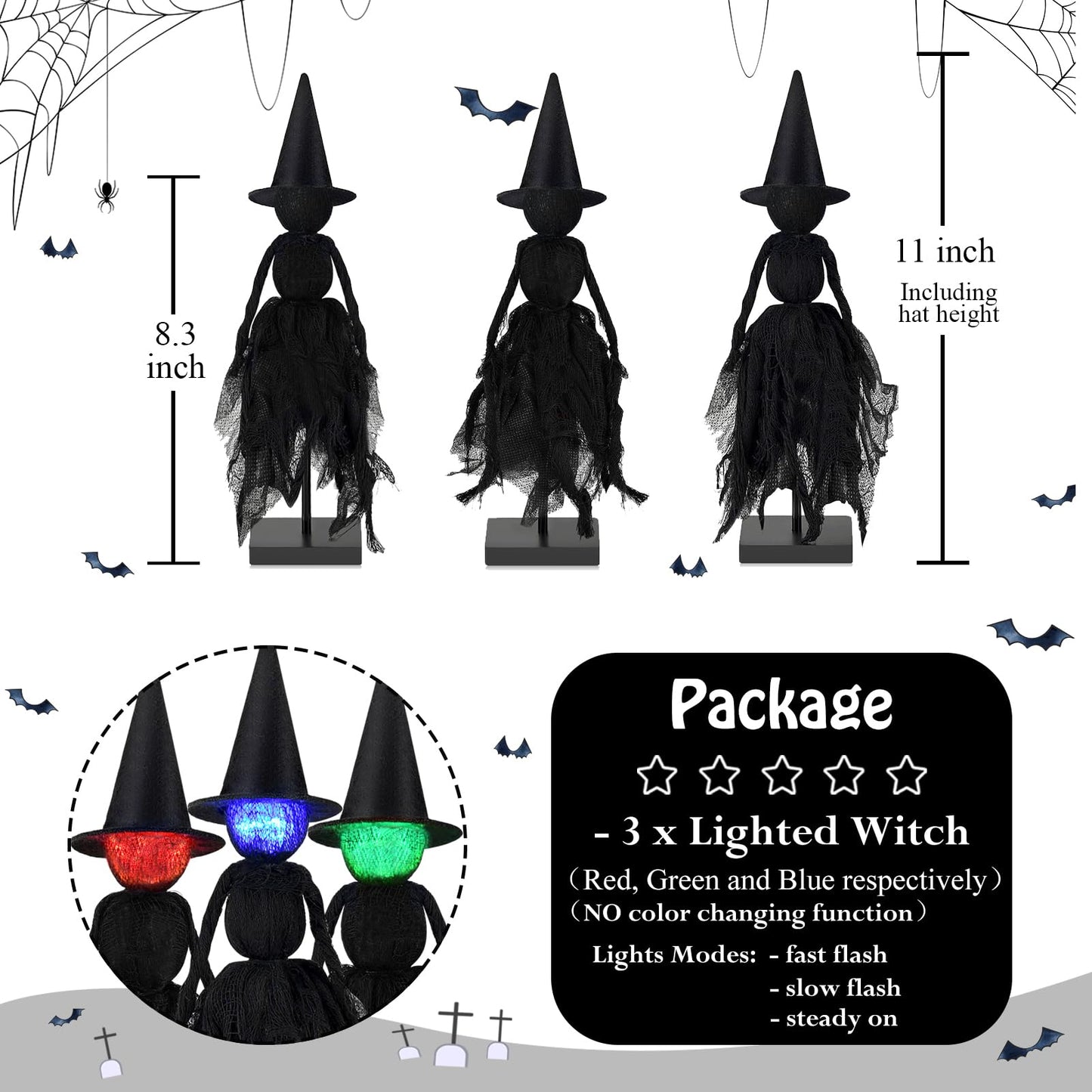 Halloween Decorations Indoor, Set of 3 Lighted Primitive Witch with Hat, Spooky Black Witches Figurines LED Lights Standing Table Decor Scary Table Centerpieces Tiered Tray Decor Shelves Mantels Home