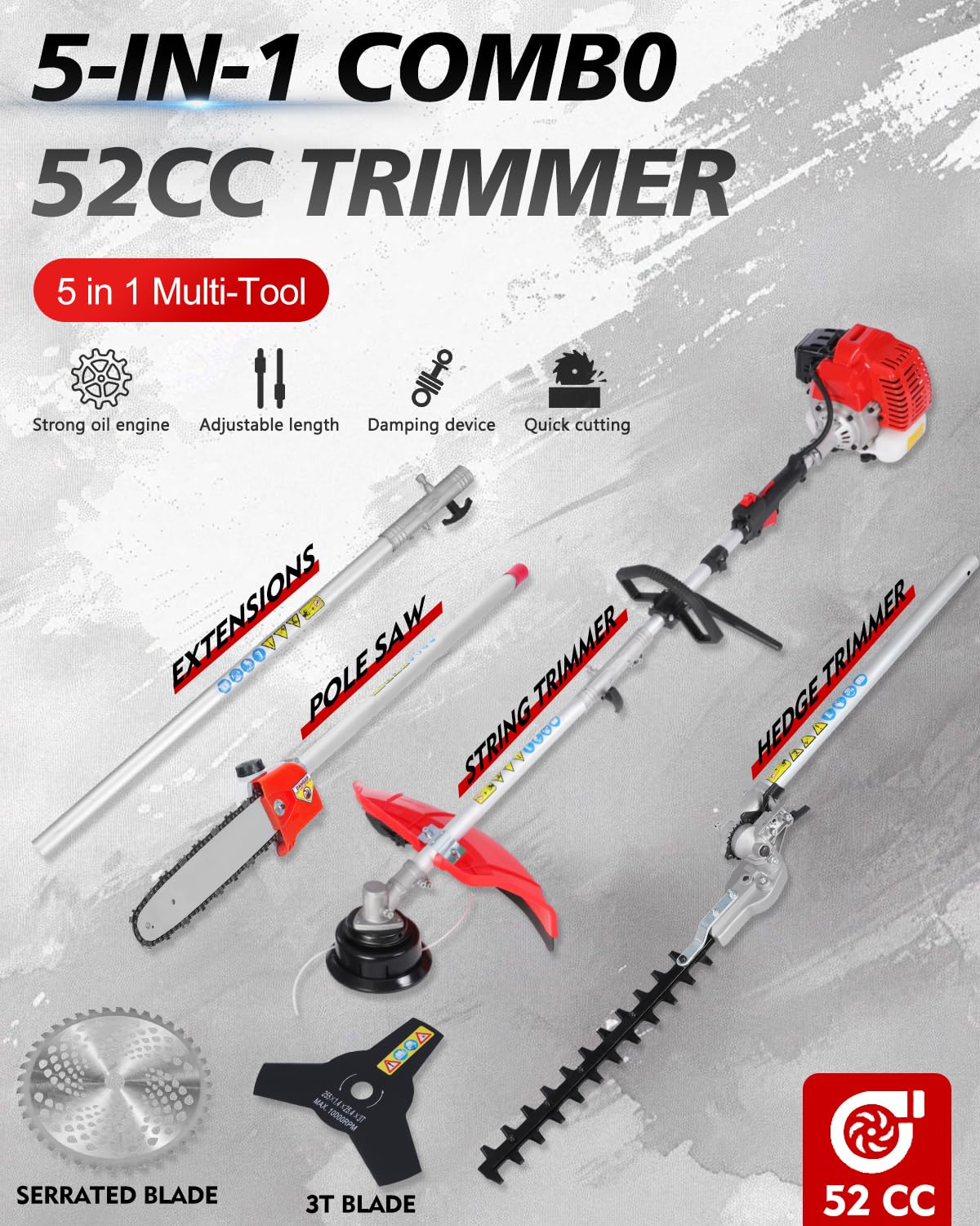 WTHW 52CC Gas Weed Wacker & Weed Eater Multi-Tool - Heavy Duty Brush Cutter, Pole Saw, Hedge Blade, String Line & 40-Inch Extension - Anti-Vibration Design, Fast Cold Starts (Red)