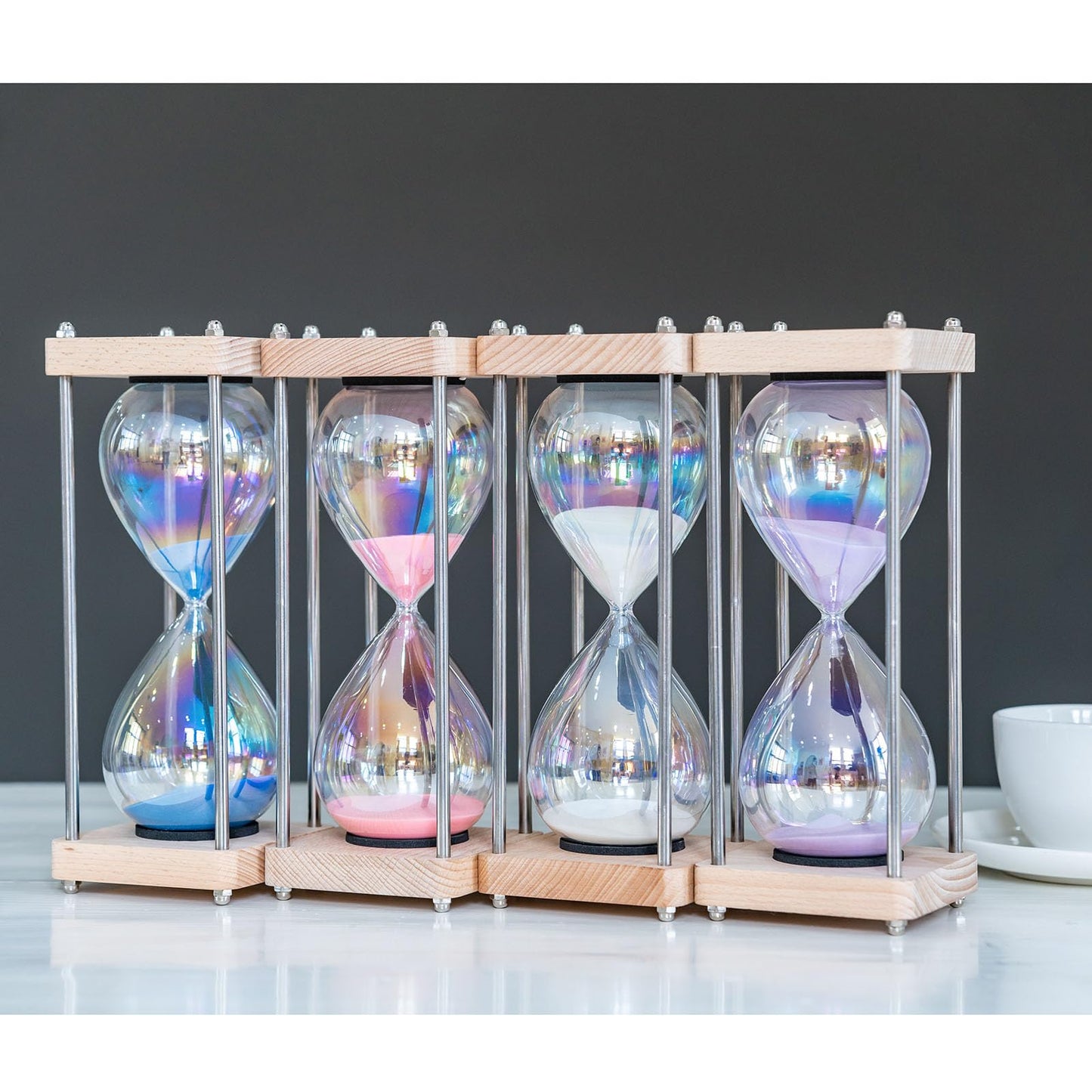 Large 60-Minute Hourglass Sand Timer,Pastel Macaron Glass & Natural Oak Wood Base, Modern Minimalist Office Home Desktop Decor (Macaron Pink)