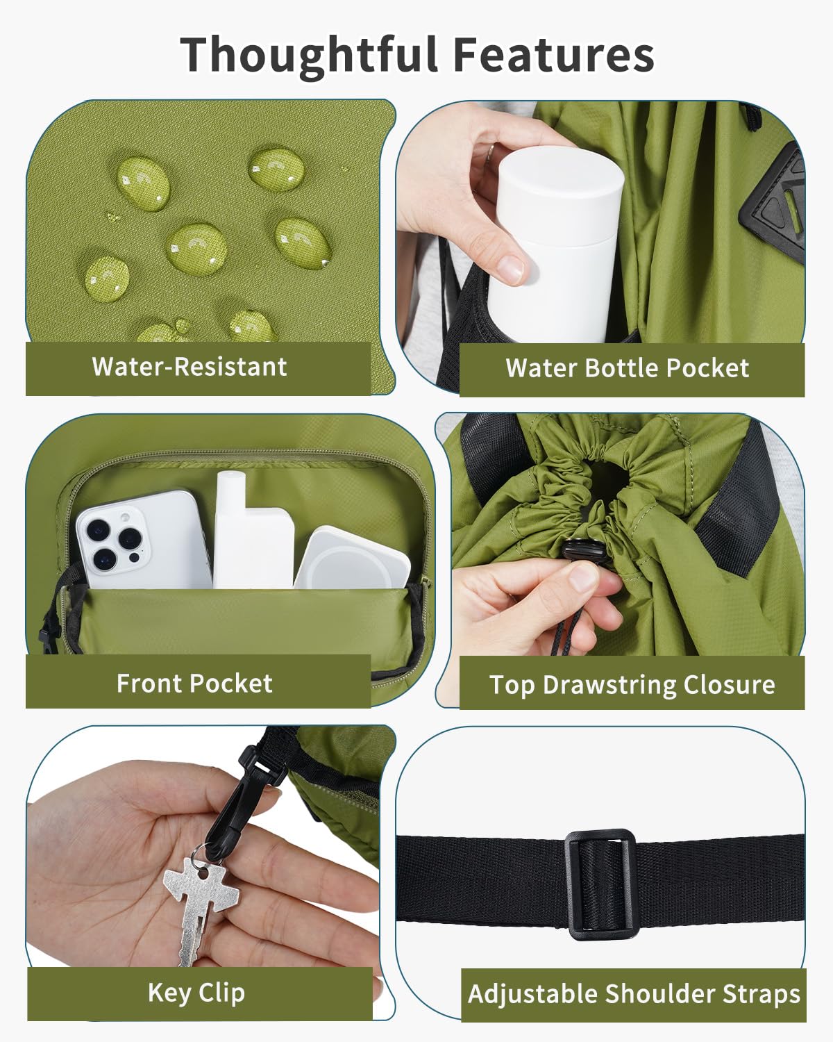 WANDF Drawstring Backpack with Removable Wet Pocket, Sandproof Beach Backpack with Bottom Compression Strap for Beach Mat, Swim Bag for Pool, Gym, Travel and Workout Gear (Dark Green)