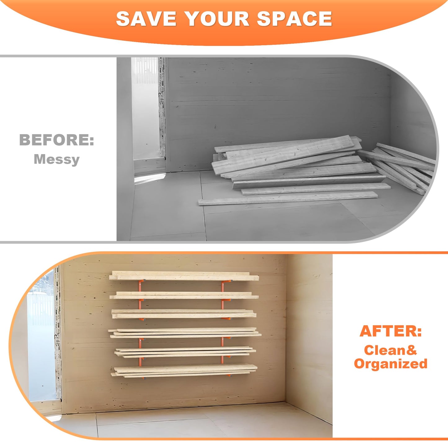Ultrawall Lumber Storage Rack Wall Mount Wood Storage Racks, Metal Wood Organizer Racks for Shed, Workshop, Garage, Holds Up 220 LBS Per Level (Pack of 4, Orange)