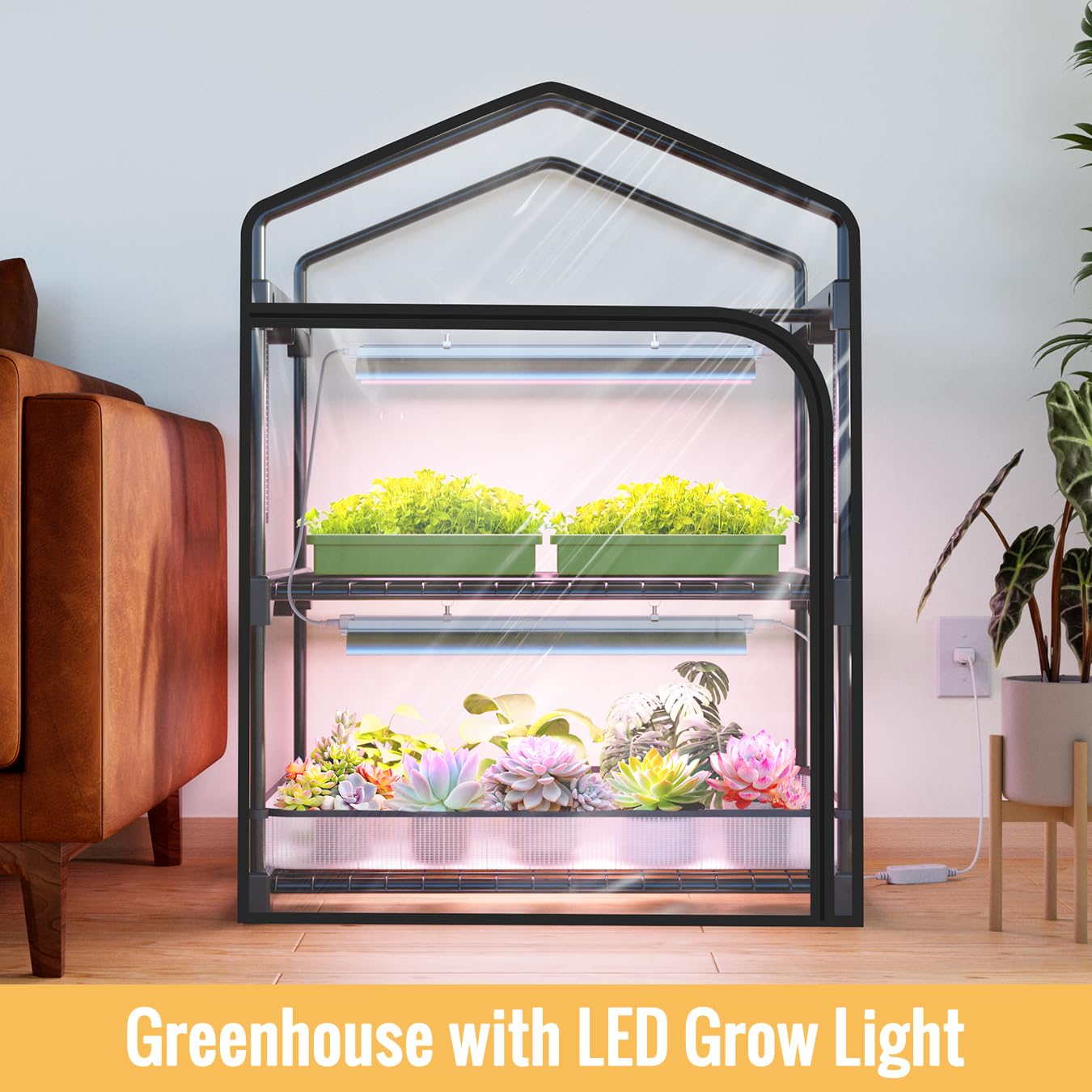 SpeePlant Mini Indoor Greenhouse with Grow Light, 2-Tier Plant Stand with PVC Tent, Ventilation Window, Bottom Pouch, 20W Full Spectrum Grow Light with Timer, for Seed Starting, 27" L x 19" W x 35" H