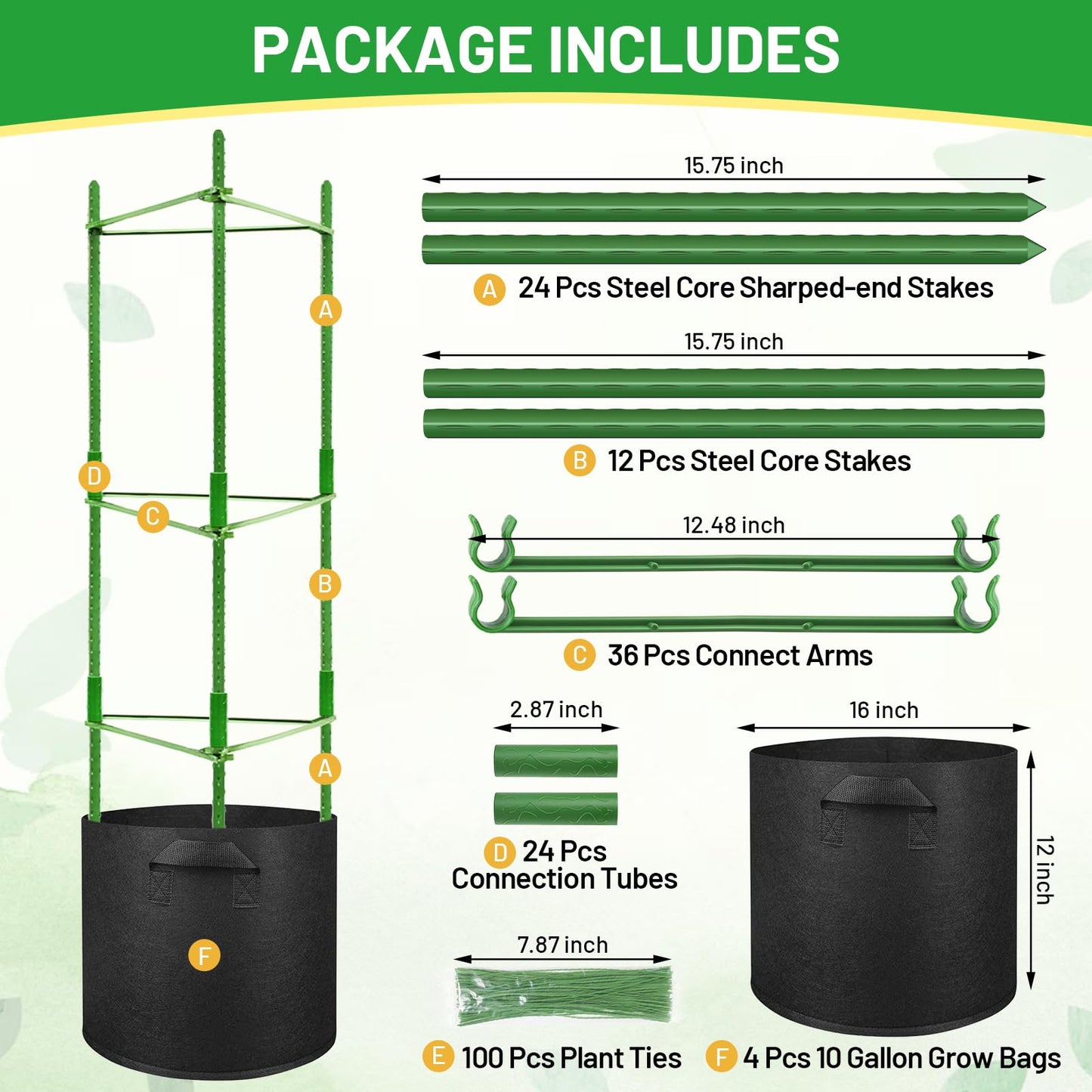 Legigo 4 Pack Tomato Cages with 10 Gallon Grow Bags- 48 Inch Tomato Trellis Planter Plant Support Stakes, Tomato Plant Cage Garden Trellis for Vertical Climbing Plants Vegetables Flowers Fruits