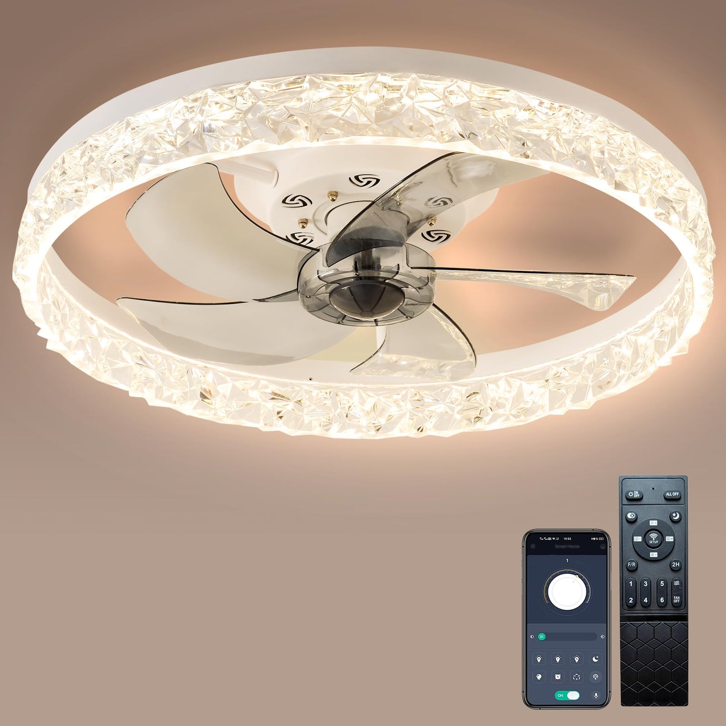 Cainjiazh 20" Modern Low Profile Ceiling Fan with Light Bedroom LED Ceiling Fan with Remote Control, Bladeless Flush Mount White Fan Lights Ceiling Fixtures for Living Room 3000K-6500K Fan Light