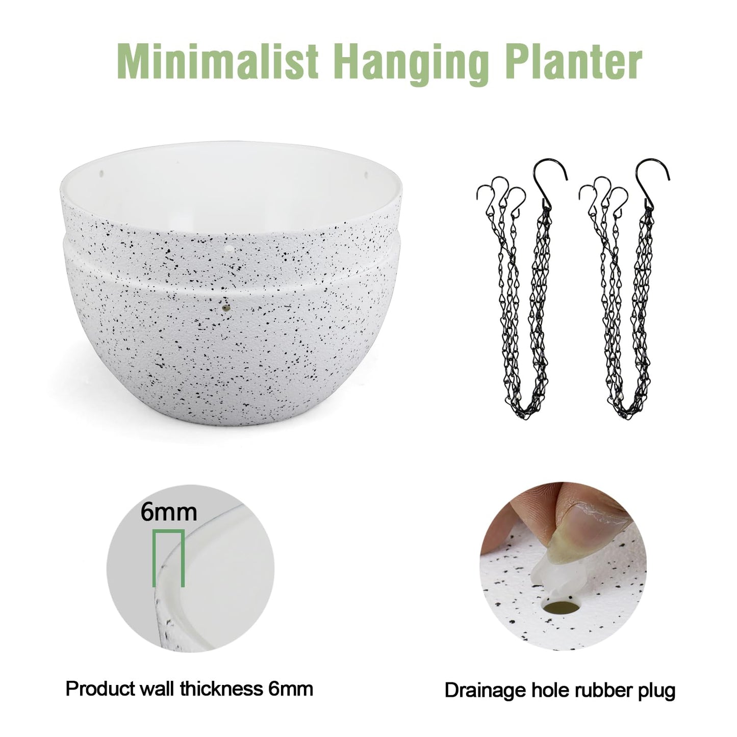 Meowell 8 inch Hanging Planters for Small Indoor Outdoor Plants, 2 Pack Hanging Flower Pots with Drainage Holes and Chain for Garden Porch, Plastic Hanging Baskets for House Plants, Speckled White