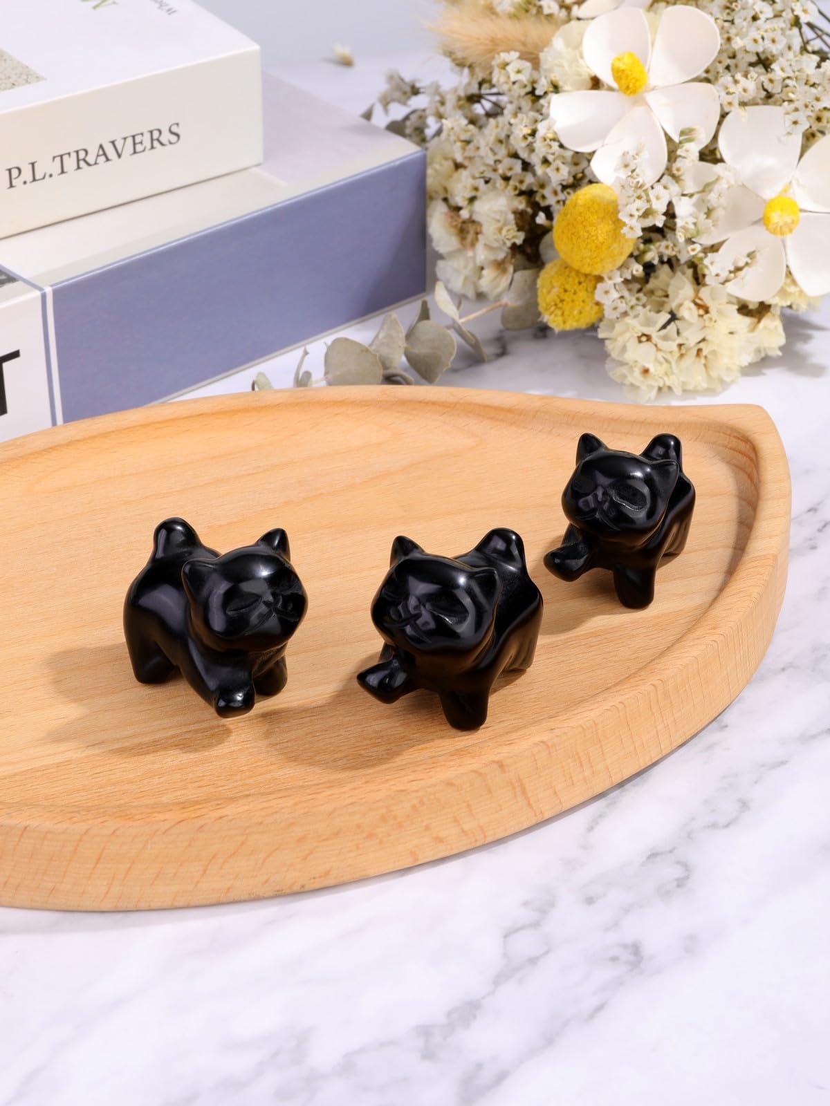 Top Plaza 1 PC Black Obsidian Crystal Cute Cat Figurine Gifts Carved Healing Lucky Home Decor Natural Gemstone Cats Collectibles Pocket Sculpture for Cat Lovers