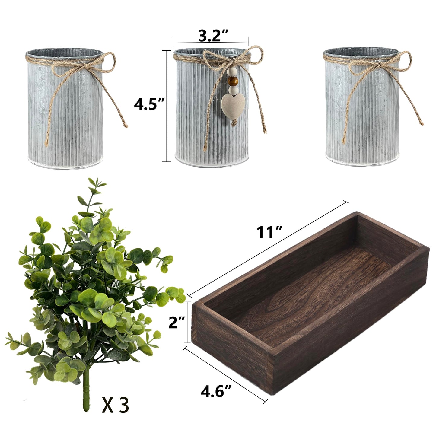 HEMYLU Artificial Flower Decorative Centerpiece, Frosty Green Eucalyptus Table Arrangement with 3 Rustic Metal Pots and Wood Tray for Farmhouse Home Décor