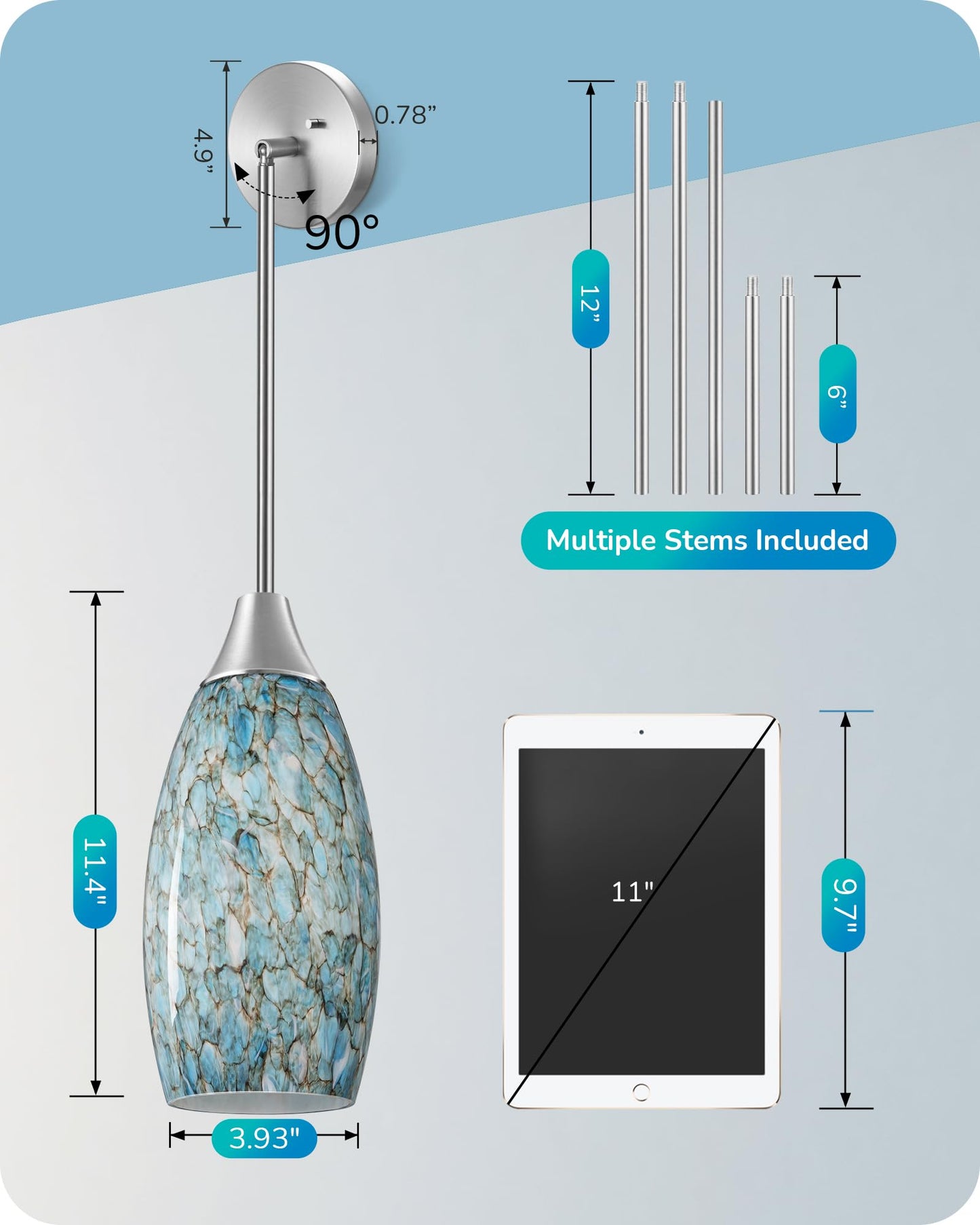 EDISHINE Pendant Light, Hand Blown Hanging Light Fixture, Adjustable Brushed Nickel Rods, 5.12" D x 11.4" H Shade, Blue Glass Pendant Lighting for Kitchen Island, Sink, Bathroom, Dining Room