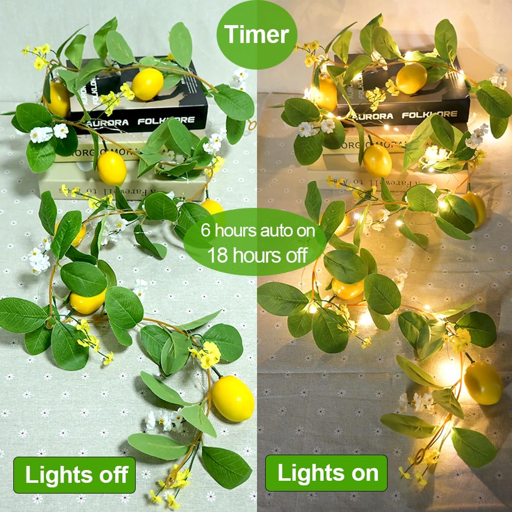 Hamifinee 2Pcs Artificial Lemon Garland Spring Summer Greenery Vine Garlands with Lemons Dense Flowers Fairy Light Battery Powered for Door Wall Mantle Wedding Party Table Christmas Decorations