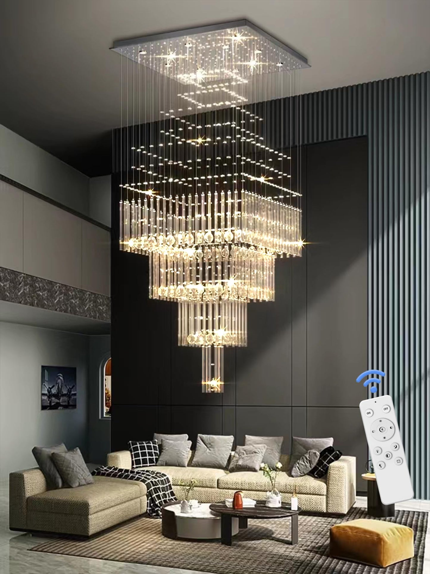 Flashing God D32''X H79'' Foyer Chandelier for High Ceilings,Square Crystal Raindrop Chandeliers,Large Chandelier for Entrance Foyer Villa,4 Tier Chandeliers