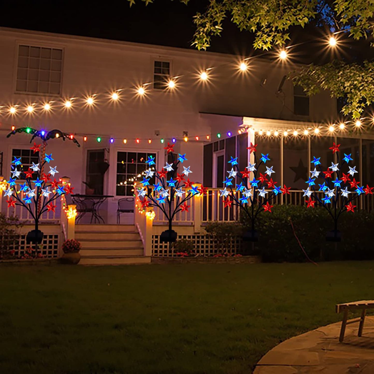2 Packs Solar 4th of July Decorations Outdoor Lights, Solar Red White and Blue Star Pathway Lights, Waterproof Outdoor Patriotic Decorations Lights for July 4th Memorial Day Garden Yard Pathway Grave