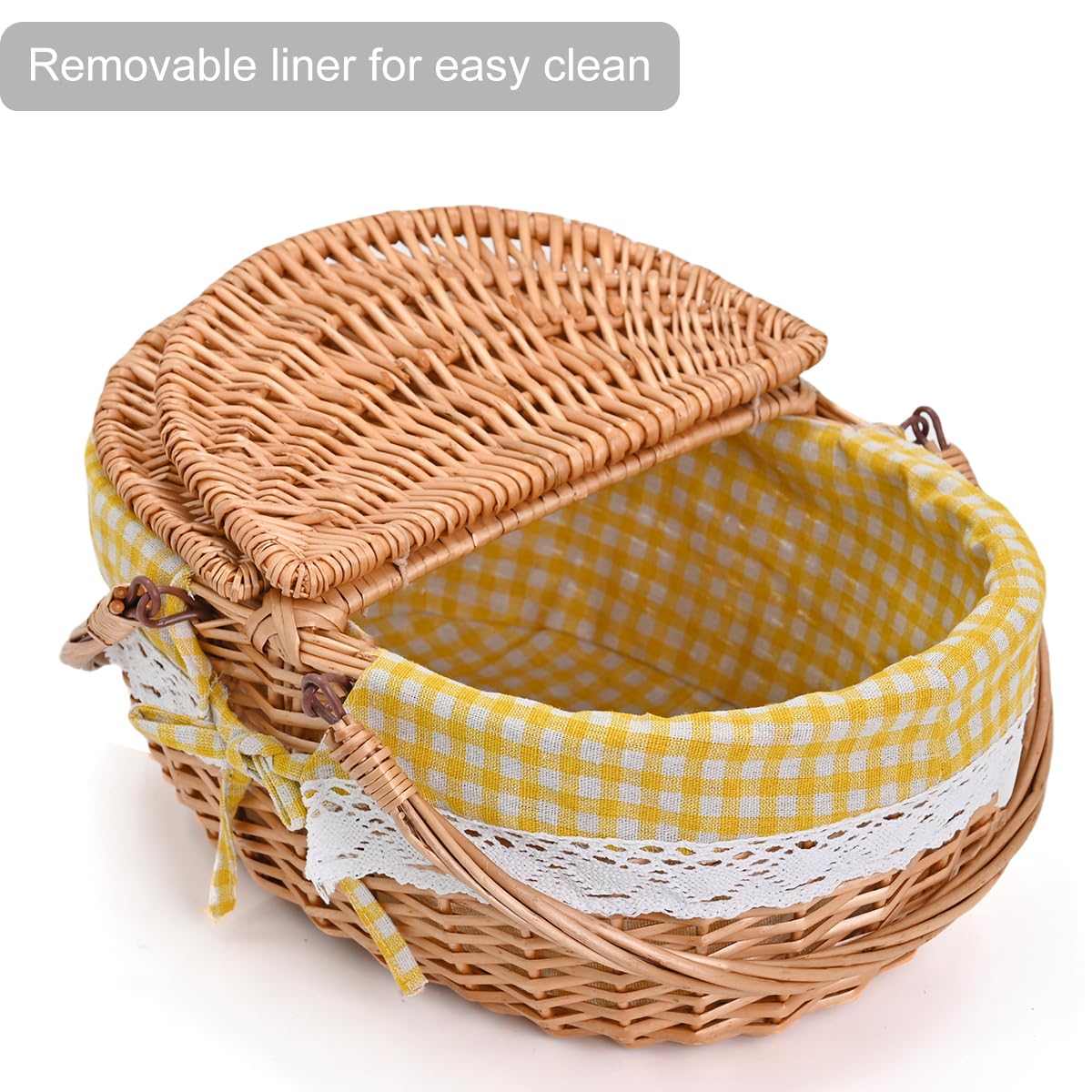 Large 15.4" Wicker Picnic Basket with Removable Liner Empty Picnic Baskets with Lid, Picnic Hamper with Foldable Handles for Picnic, Yellow Checkered, Large