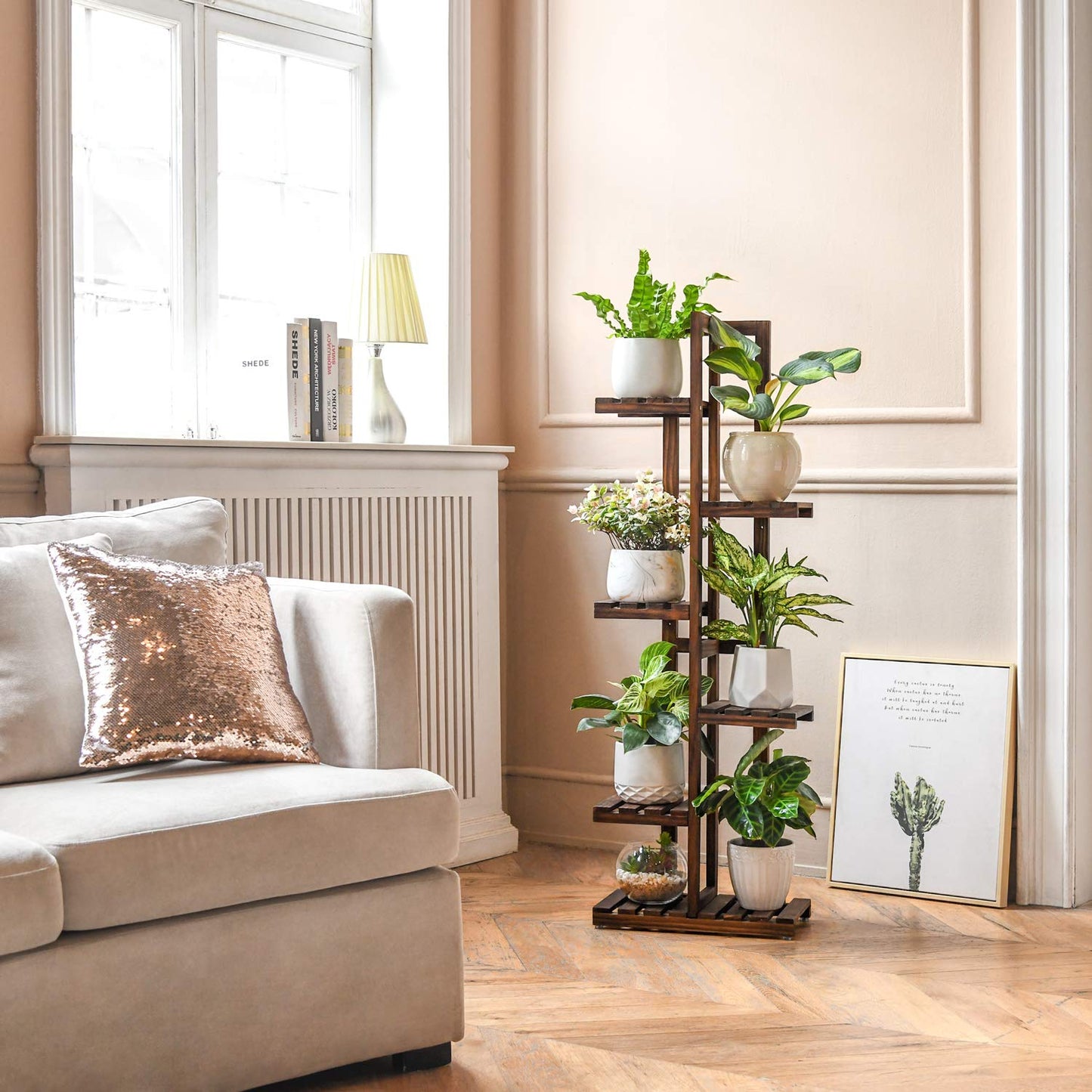 Mkono Wood Plant Stand 6 Tier 7 Potted Plant Shelf Indoor Outdoor Tall Multi-tiered Flower Pot Holder Modern Ladder Storage Rack Display Planter for Patio Garden Corner Balcony Living Room, Brown