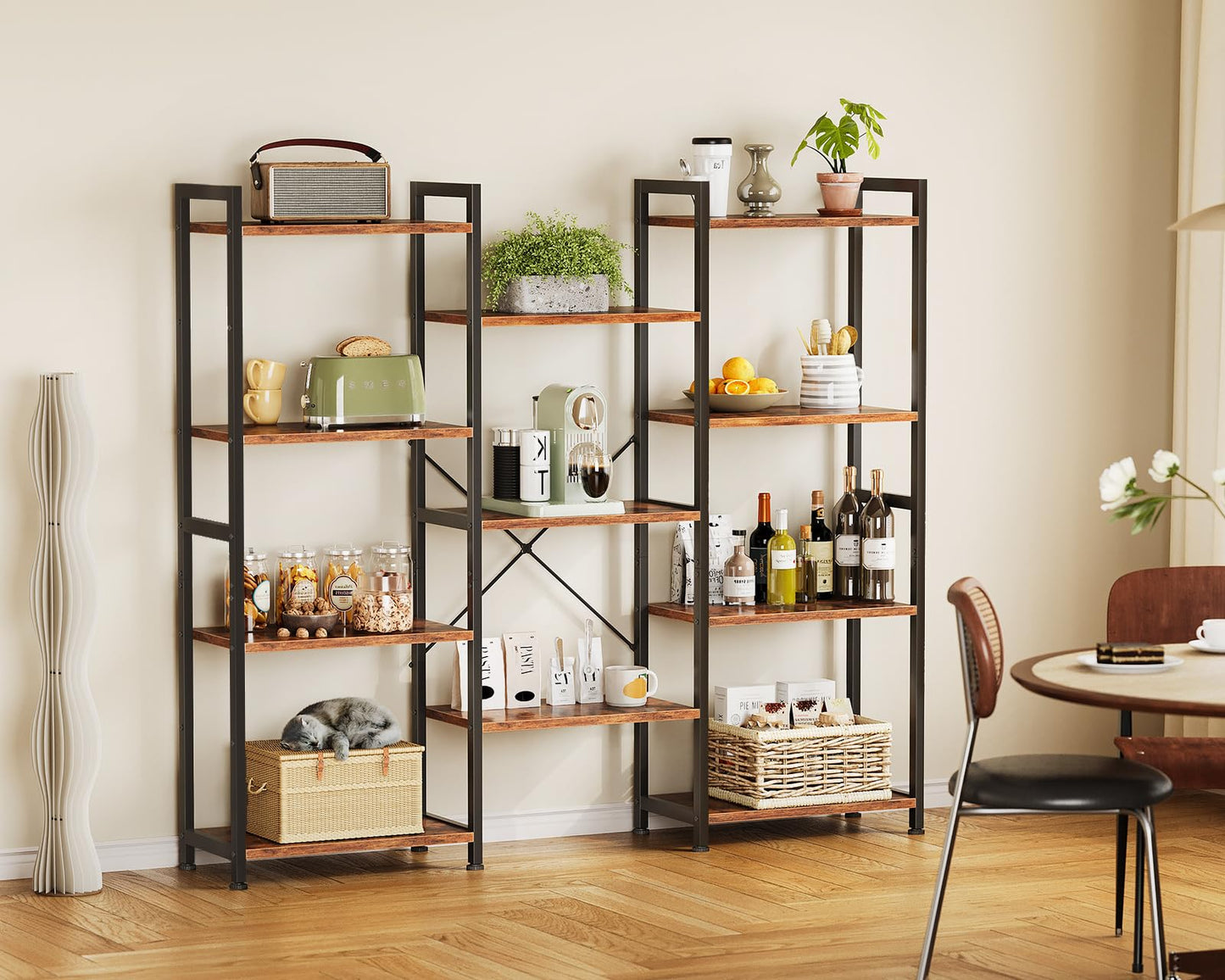 Casaottima Triple 4 Tier Bookshelf, Large Bookcase with 11 Open Display Shelves, Modern Industrial Book Shelves Book Case for Bedroom, Wide Standing Shelving Unit for Living Room Home Office, Vintage