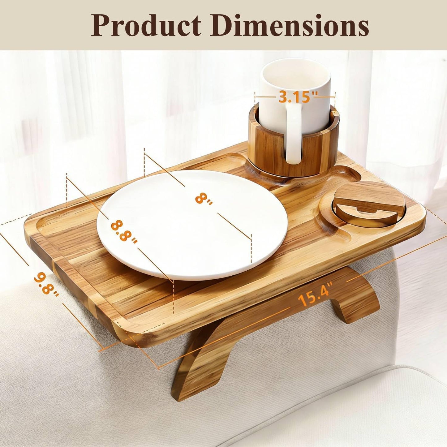 Vellabliss Couch Armrest Table, Acacia Wood Sofa Arm Tray with 360° Rotating Phone & Cup Holder, Clip-On Arm Rest Table for Couch, Anti-Slip Armrest Tray for Snacks & Drinks, 15.4" x 9.8"
