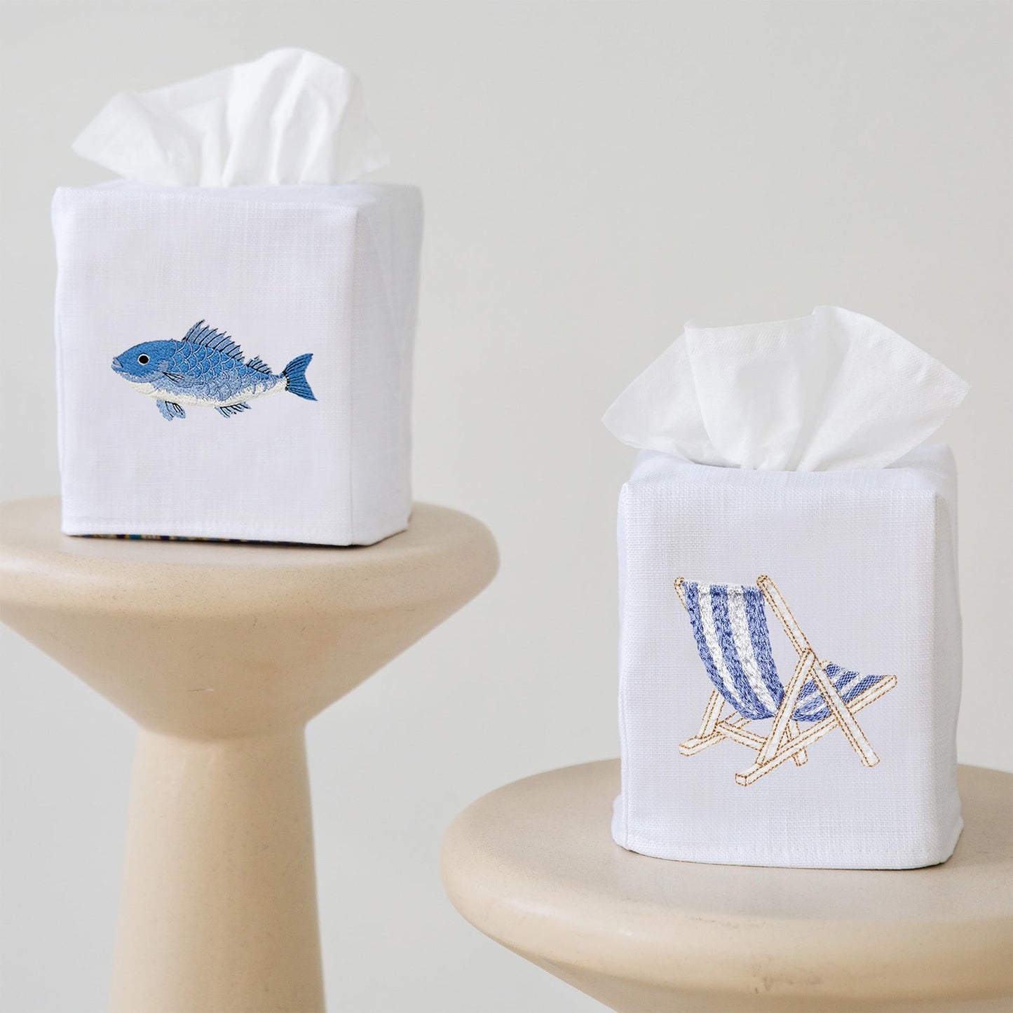 Jacaranda Living Square Tissue Box Cover, Linen/Cotton Fabric Tissue Holder, Decorative Cloth Tissue Cube Cover, Coastal Designs Deck Chair (Blue)