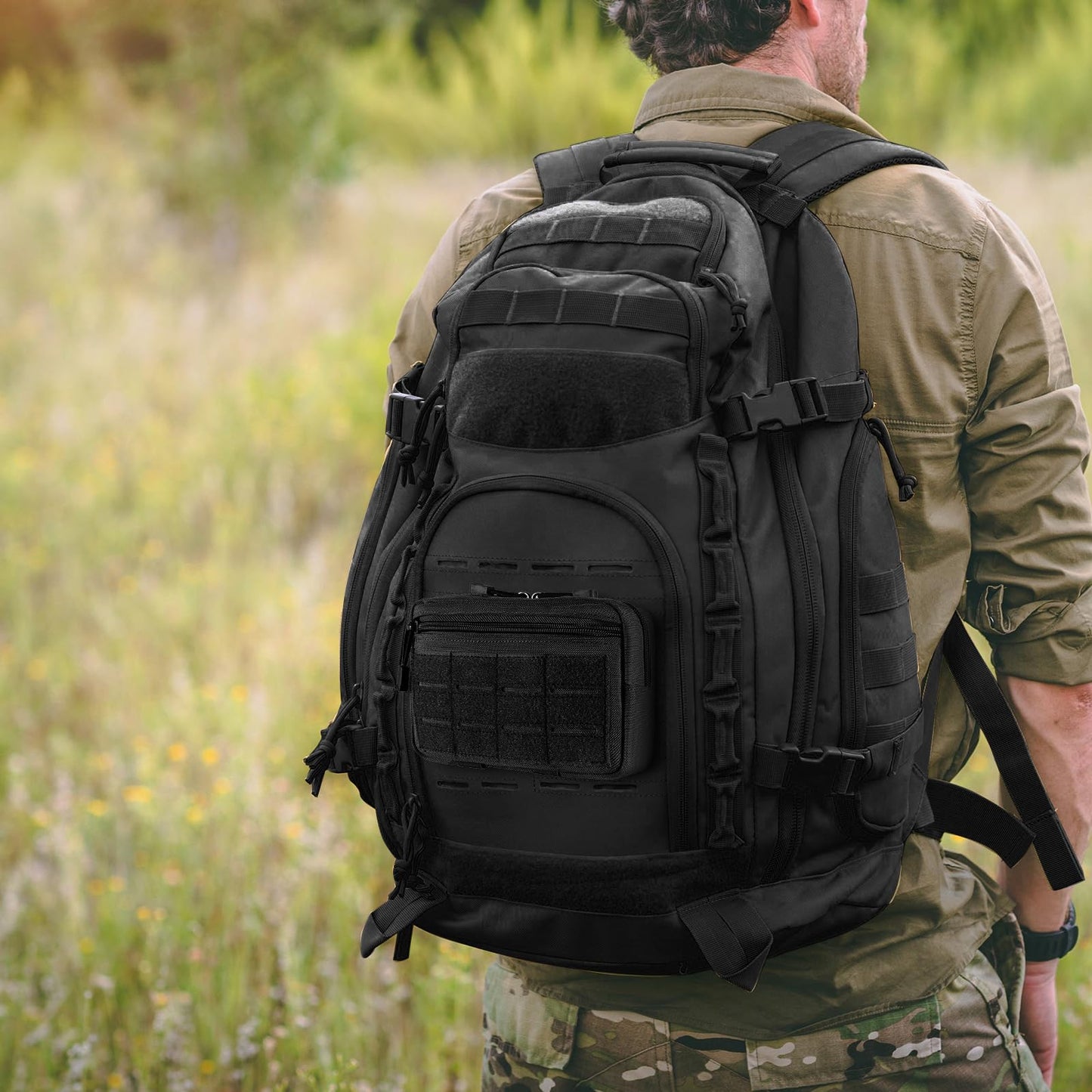 FRTKK Tactical Molle Admin Pouch Utility Laser Cut EDC Tool Pouch Bag Horizontal Modular Pouches Include US Flag Patch and Keychain (Black)