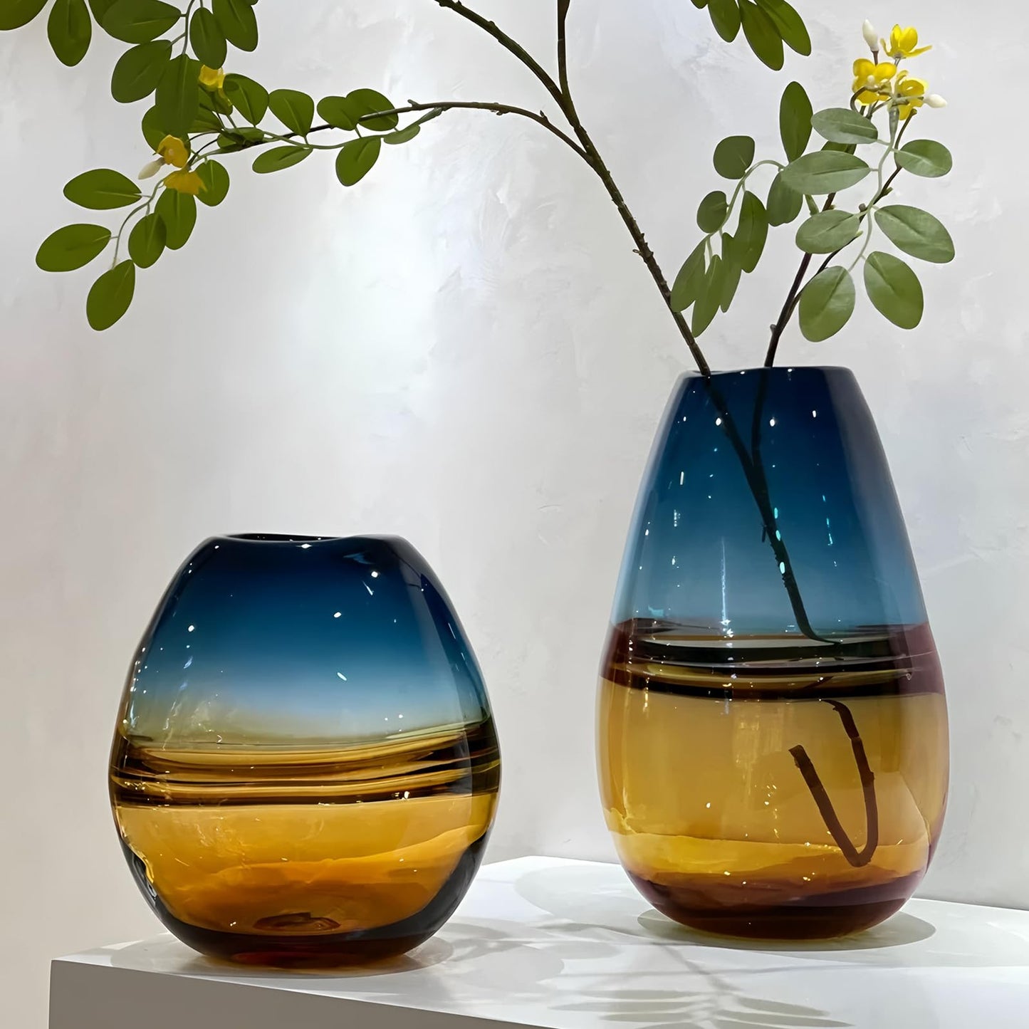 Glass Handmade Decorative Vase Ombre Centerpiece Vase with Yellow Base, Flower Vase for Home Decoration (Low vase)