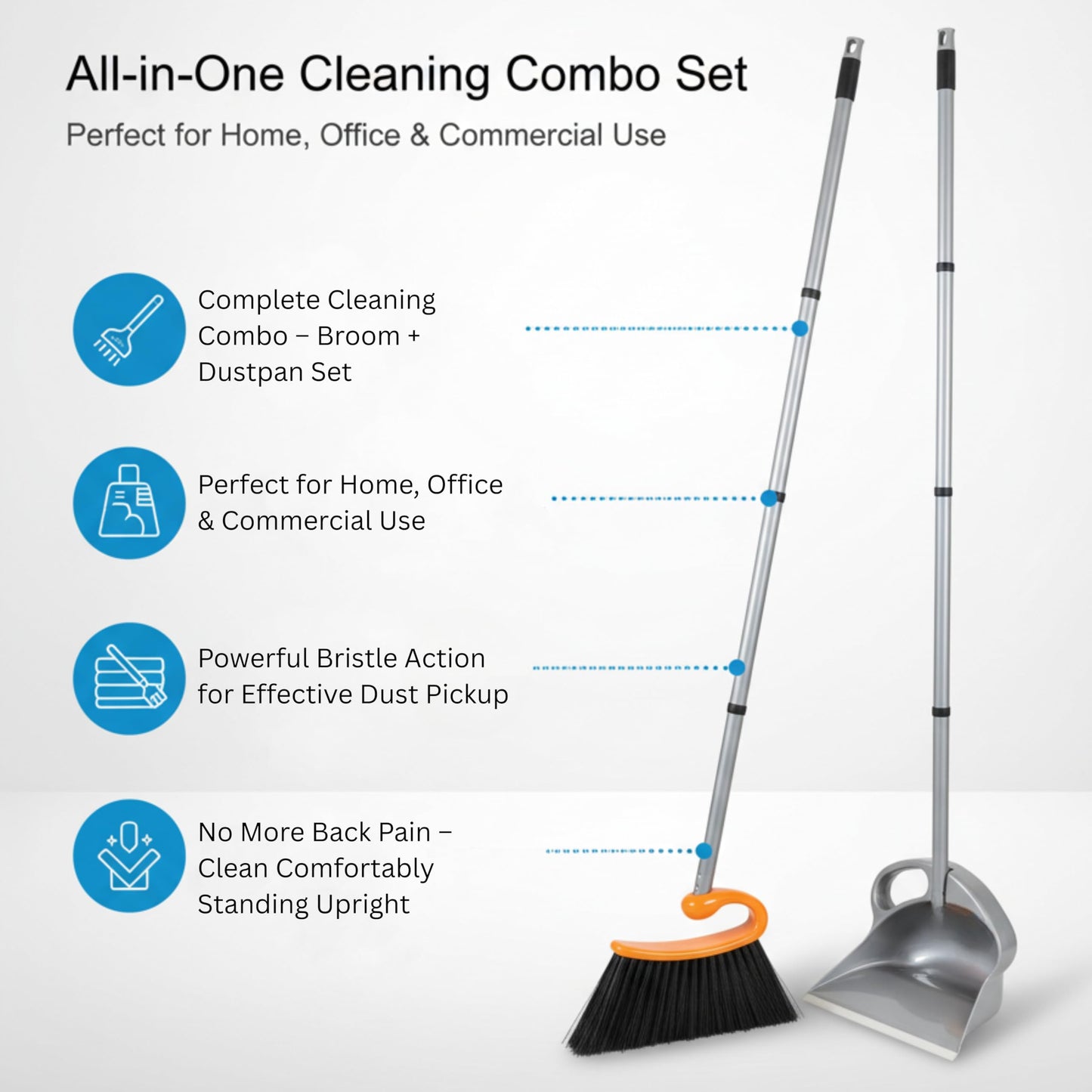 Surfer Combo Broom with Dustpan Combo Set – 4-Piece Composable Handle Broom and Dustpan Set with Long Handle | Durable Dust Pan & Broom for Home and Commercial Cleaning