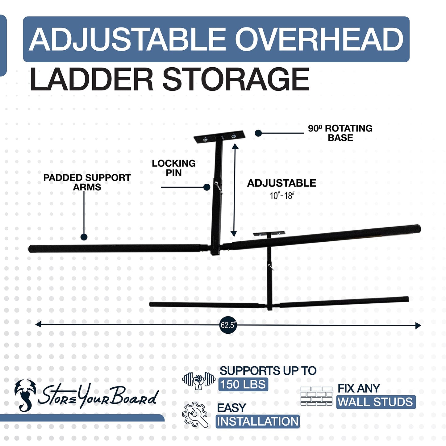 StoreYourBoard Adjustable Overhead Ladder Rack – Garage Organizer Ladder Shelf for Step & Extension Ladders - Storage Racks and Shelving for Garage Organization - Ceiling Mounted - Holds 150 lbs